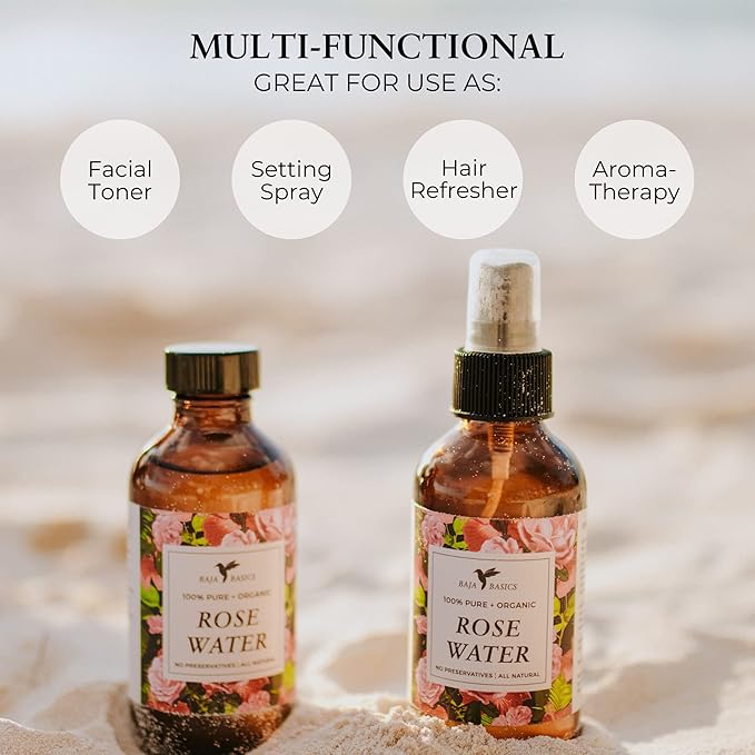 Rose Water Spray for Face, Body & Hair by Baja Basics - Hydrating Facial Toner, Refreshing, Soothing Mist Moisturizer for Dry Skin - Vegan Beauty Skincare Products - 4oz 2 Pack
