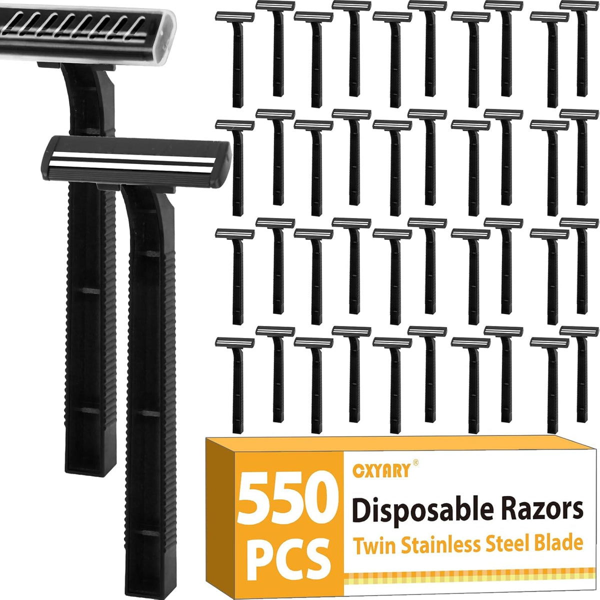 CXYARY 550 Pcs Twin Blade Disposable Razors With Clear Safety Cap, Shaving Razors Bulk for Men &Women, Stainless Steel Blade, Multipurpose Portable Shave Razor for Bathing Hotel Travel, Black