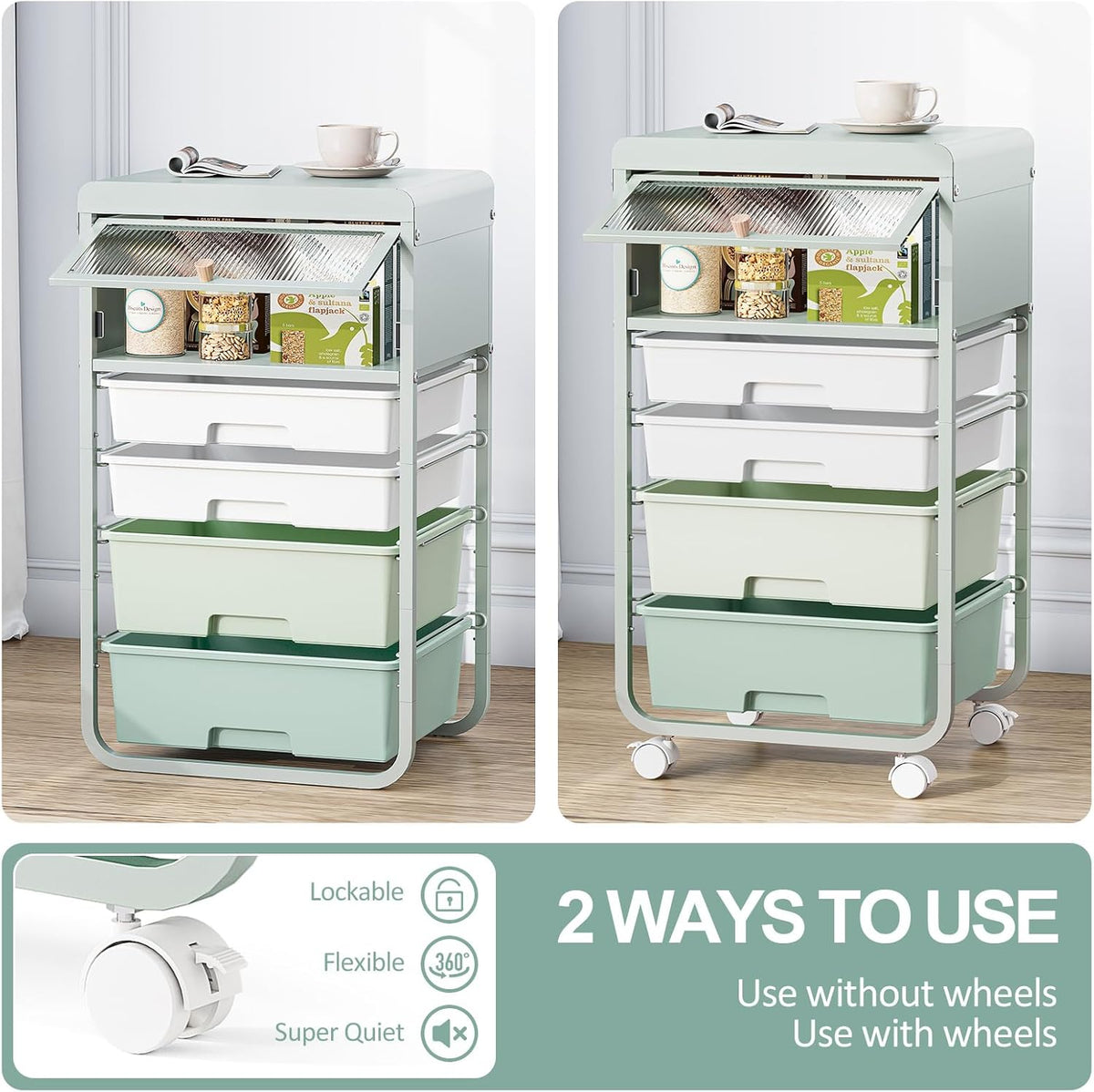Utility-Rolling-Storage-Drawer-Craft-Cart-Organizers with 4 Drawers & Dust-proof Door for Kid Craft Art Room,Bedroom,Home Office, 4 Tiers Drawer cart, Green