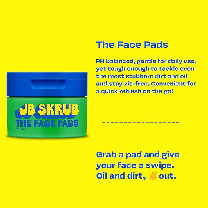 JB SKRUB Face Pads and Face Wash for Sensitive Skin - Acne Cleanser and Acne Pads with Aloe and Chia for Teen Boys, Tweens, and Kids - Grease-Free Freshness