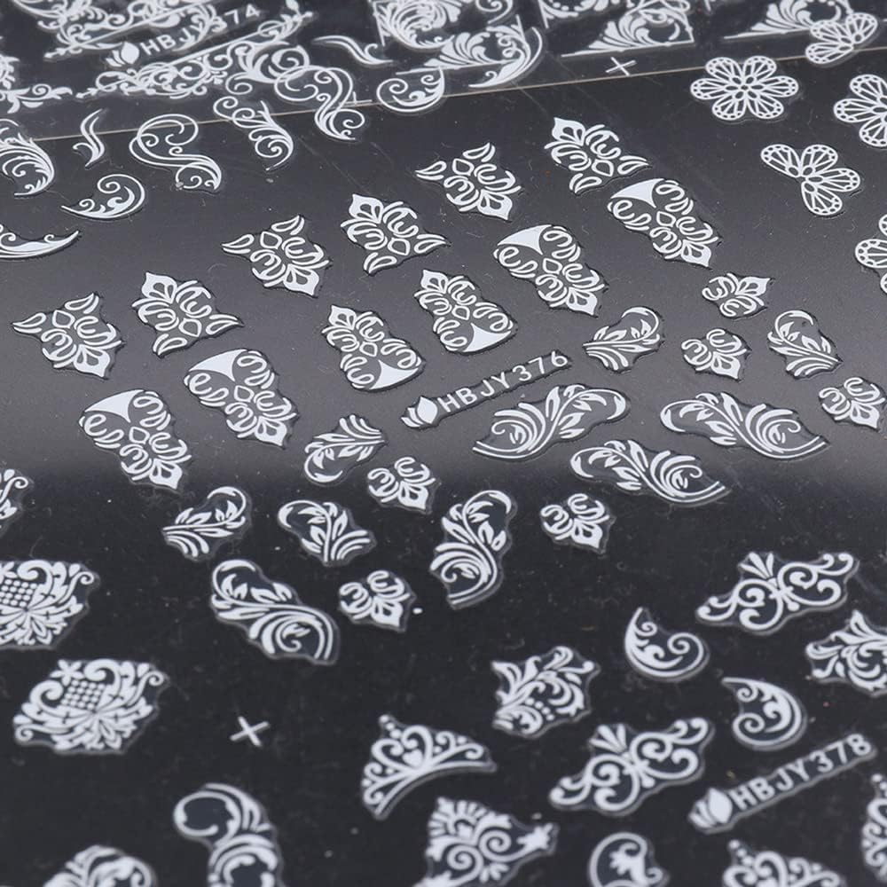 Flowers Nail Decals 3D Self-Adhesive White Floral Nail Art Stickers Wedding Lace Floral Nail Supplies Retro Vine Leaf Pattern Design Luxury Crown Nail Decorations for Women Girls(373-384 White)
