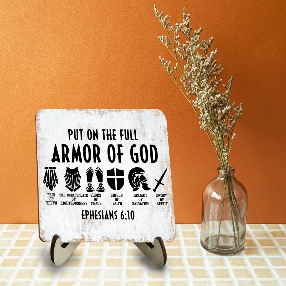 Inspirational Christian Wood Sign Rustic Religious Bible Verse Desk Decor Decorative Faith Jesus Decorations for Home Cave Men Room Decor Office Accessories Table Shelf Wooden Plaque with Wood Stand