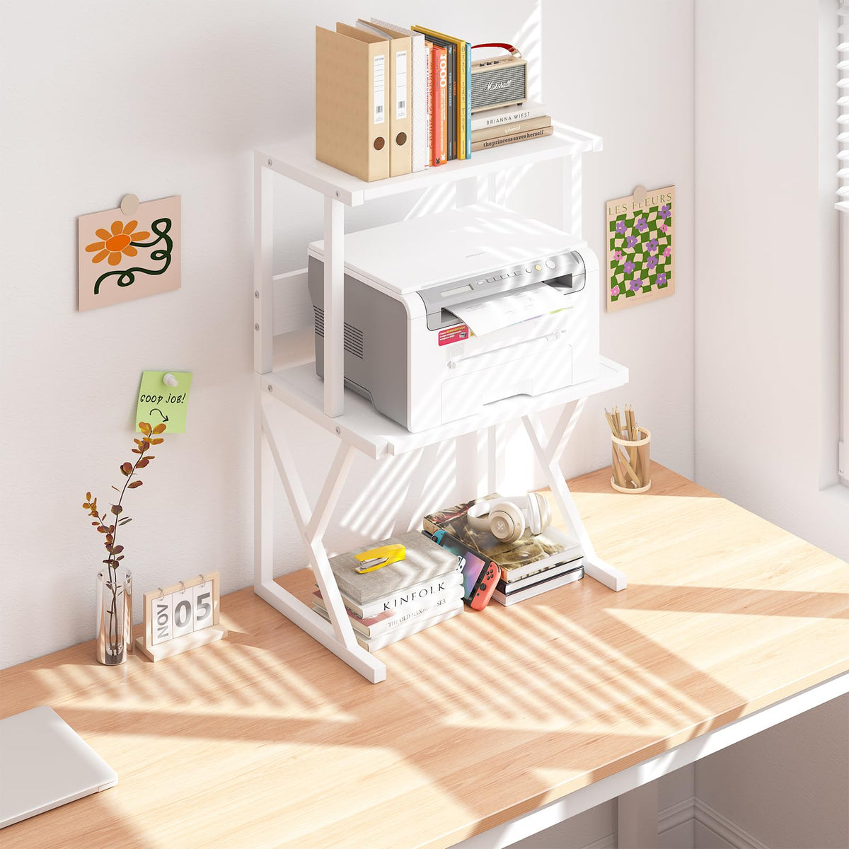 aboxoo Desktop Printer Stand with 3 Tier Wood Storage Shelves,Under Desk Printer Table,Multi-Purpose Home Office Desk Organizer for Fax Machine, Scanner (White)