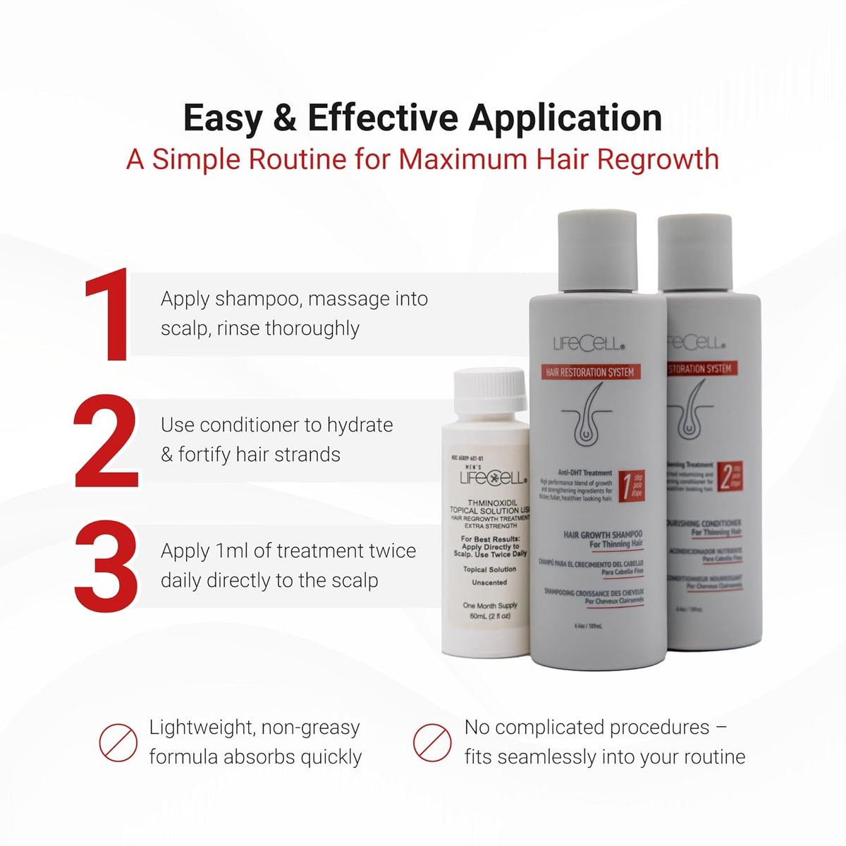 LifeCell Hair Restoration System for Women 2% – Hair Growth Treatment with Minoxidil, Anti-DHT Shampoo & Conditioner – Thicker, Fuller Hair – Supports Scalp Health & Hair Regrowth – 16.8 Fl Oz