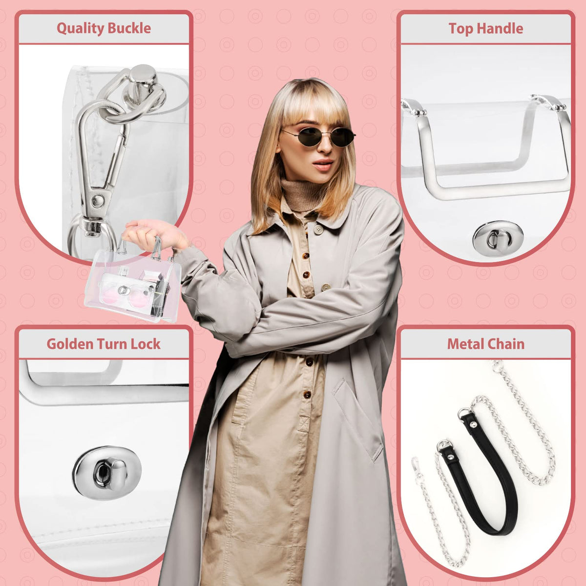 BS-VOG Clear Purse for Women Stadium Approved, Clear Crossbody Bag, Small Cute Clutch Handbag with Chain Strap for Sport Event Concert
