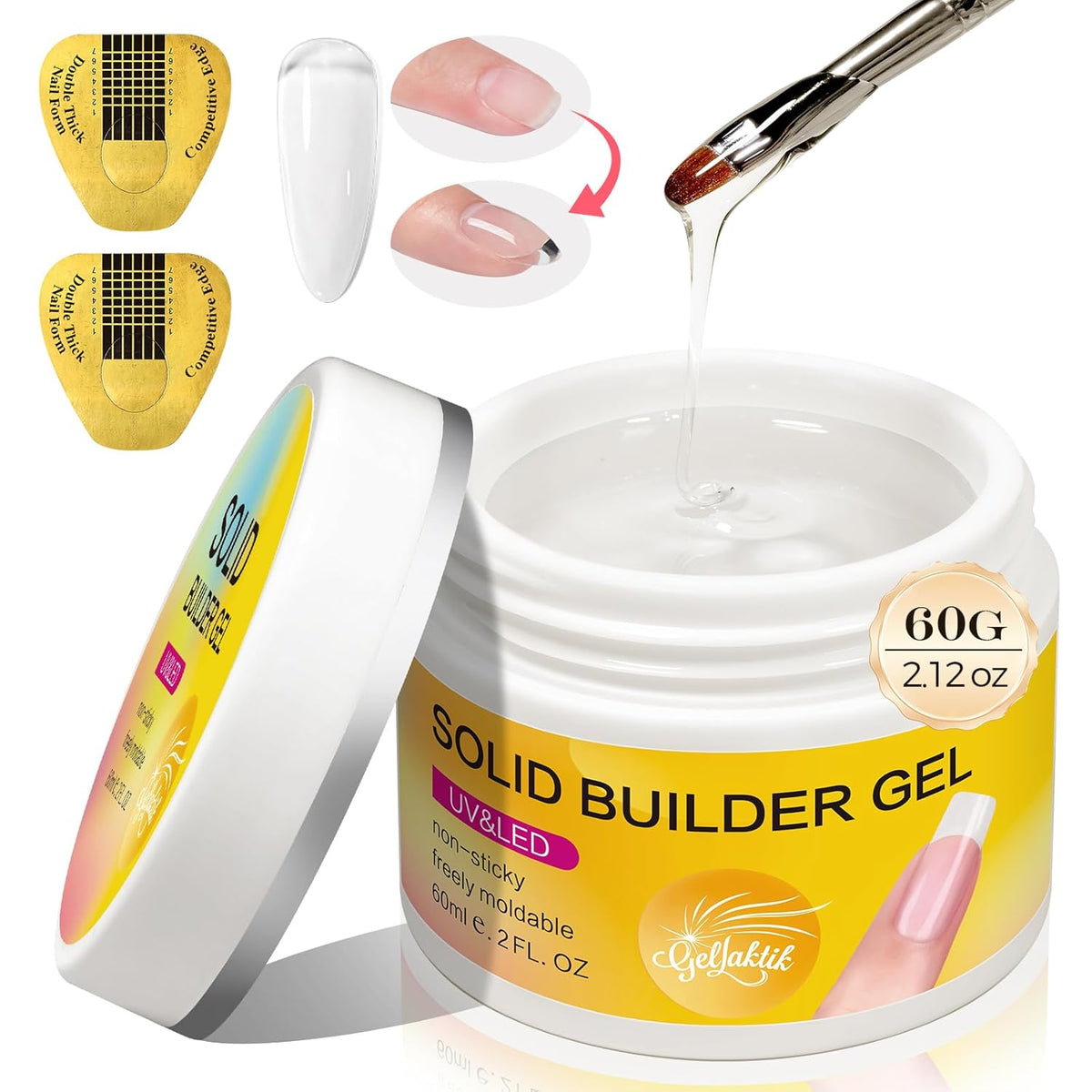 Builder Gel for Nails, 60g Clear Hard Gel for Nail Extension with 10 Nail Forms, Strengthener & Thickening, UV LED Lamp Cured Sculpture, Repair Broken Nails, Salon DIY Manicure Kit