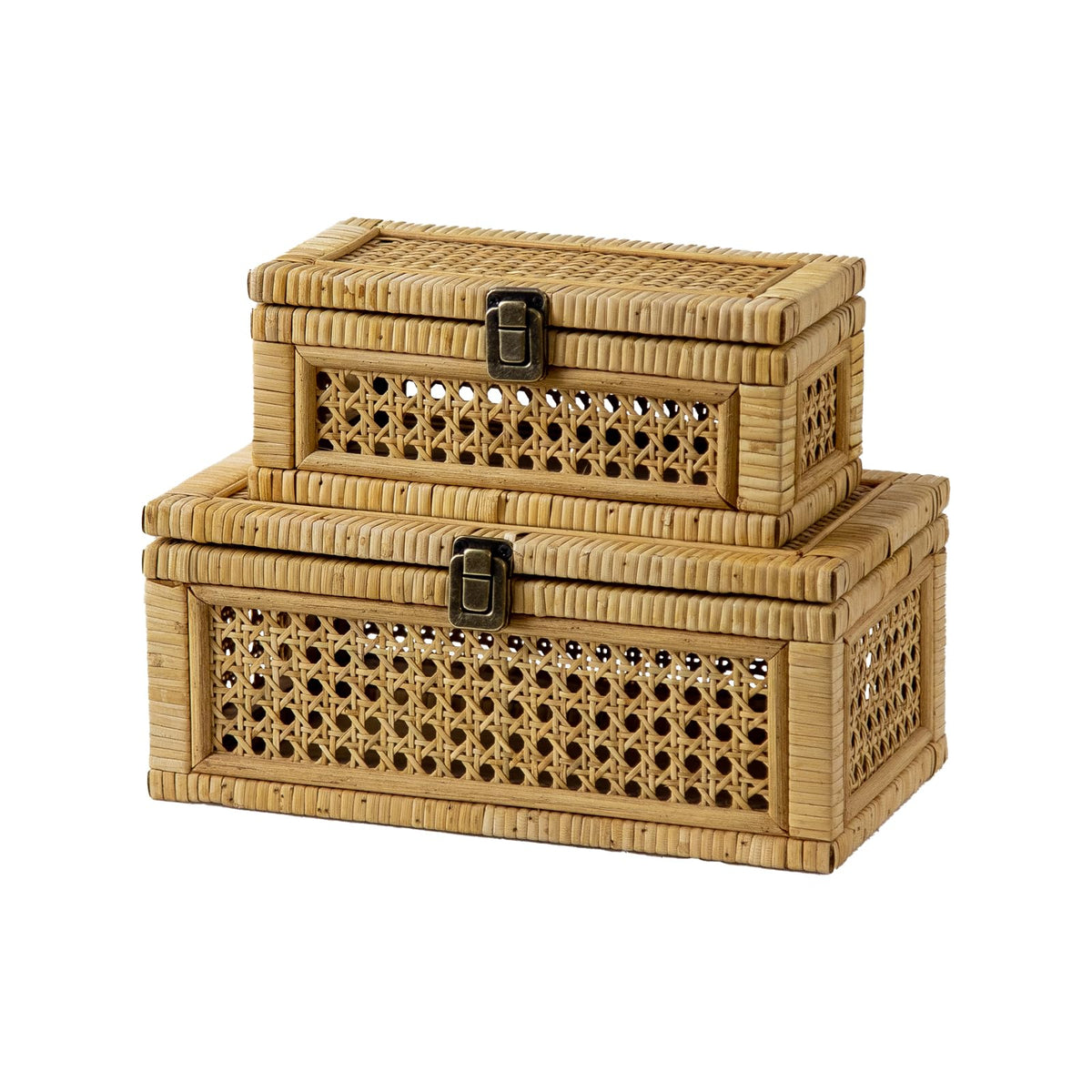HuiDao Rattan Decorative Box, Boho Display Boxes with Lids, Set of 2 Rectangular Wicker Storage Basket, Natural Woven Cane Bins for Home Decor (Rectangular)