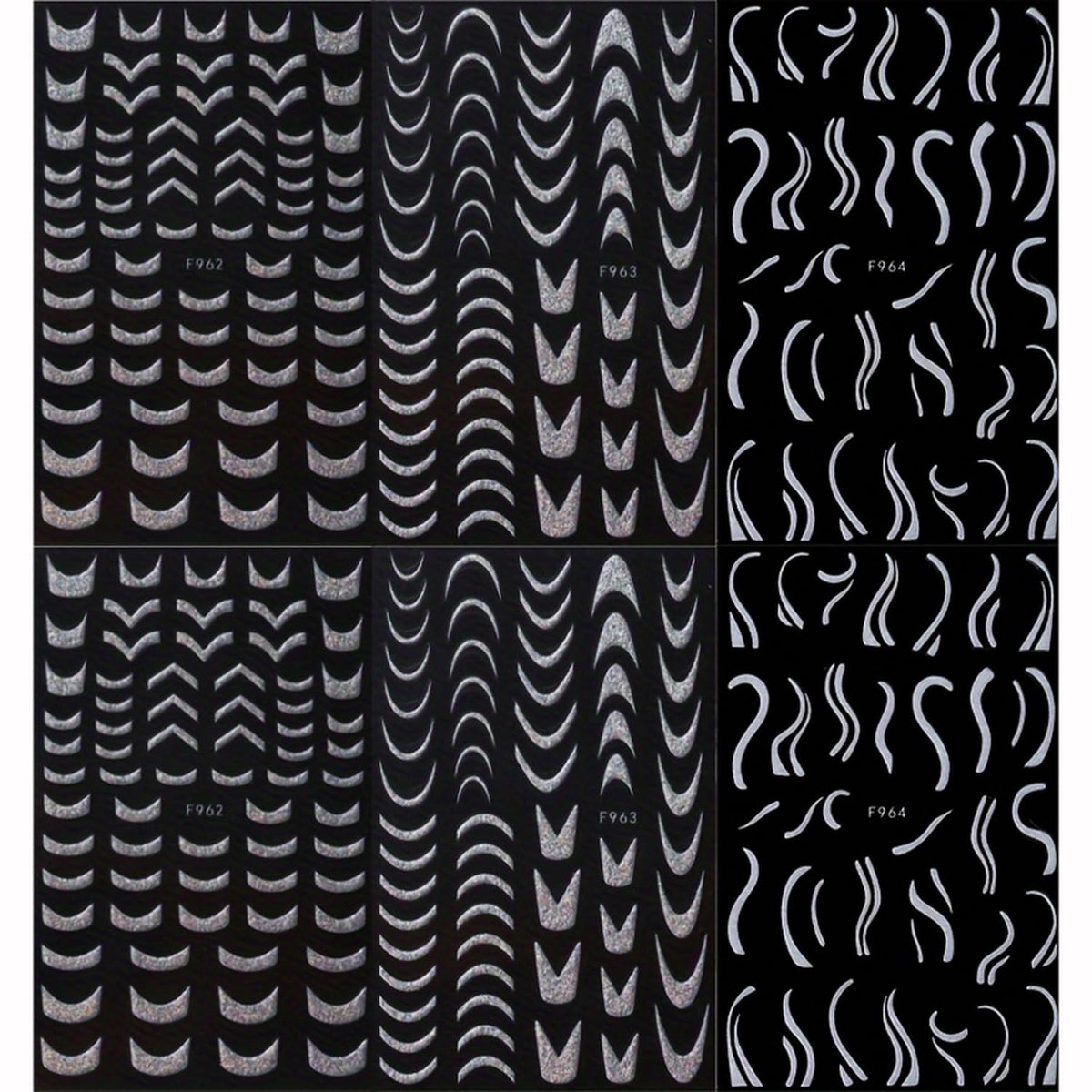 6 Sheets 3D Self-Adhesive French Tip Nail Art Stickers Decals Silver Glitter Nail Stickers Sparkly Nail Decorations Decals Curved Lines Nails Art Designs for Women DIY Nail Art Accessories