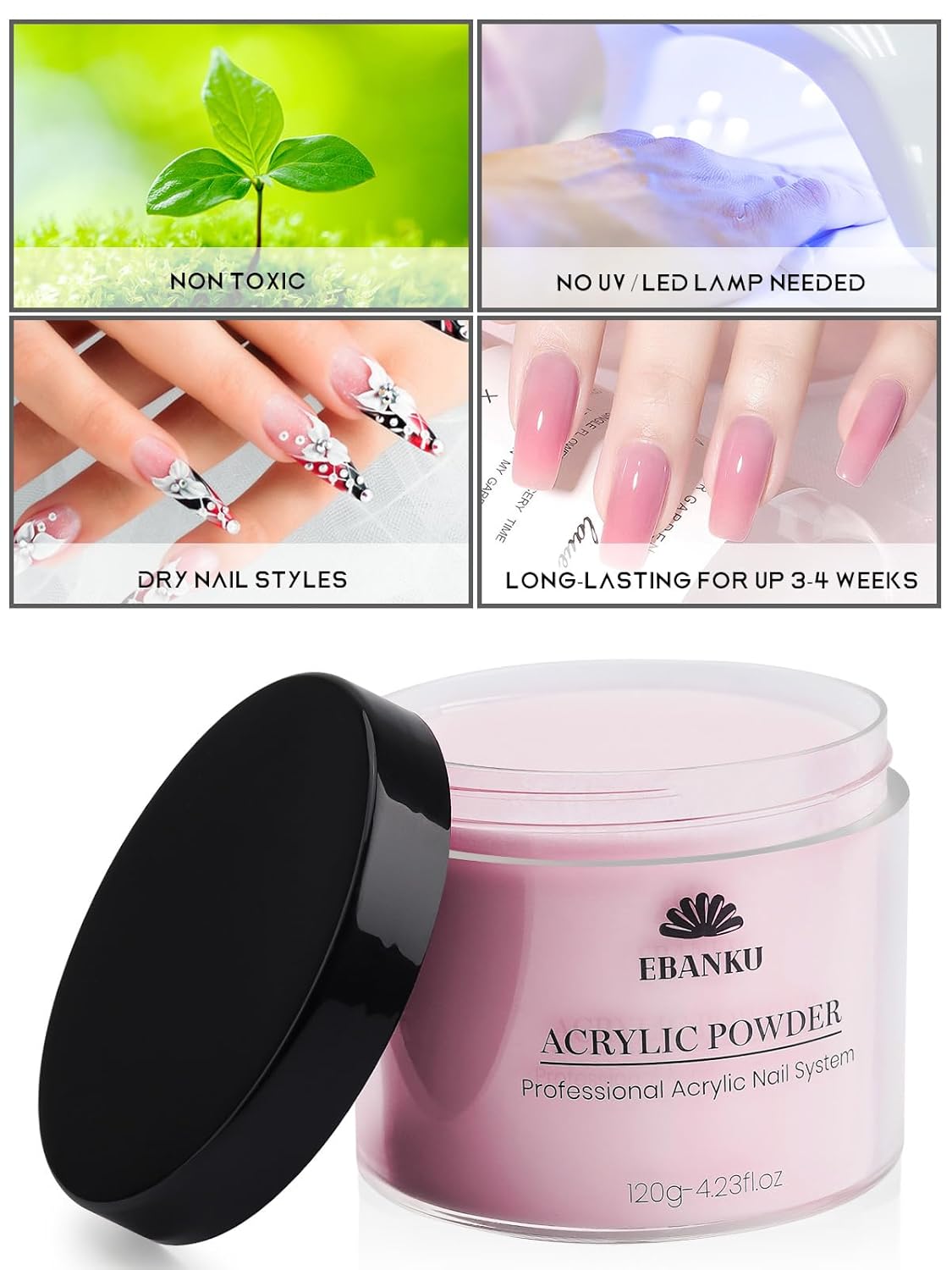 EBANKU Acrylic Powder Set 4 Colors Acrylic Nail Powder Nude Pink White Clear Acrylic Powder for Acrylic Nail Extension Nail Carving, Long-Lasting, No Nail Lamp Needed, Large Capacity 4.23oz*4