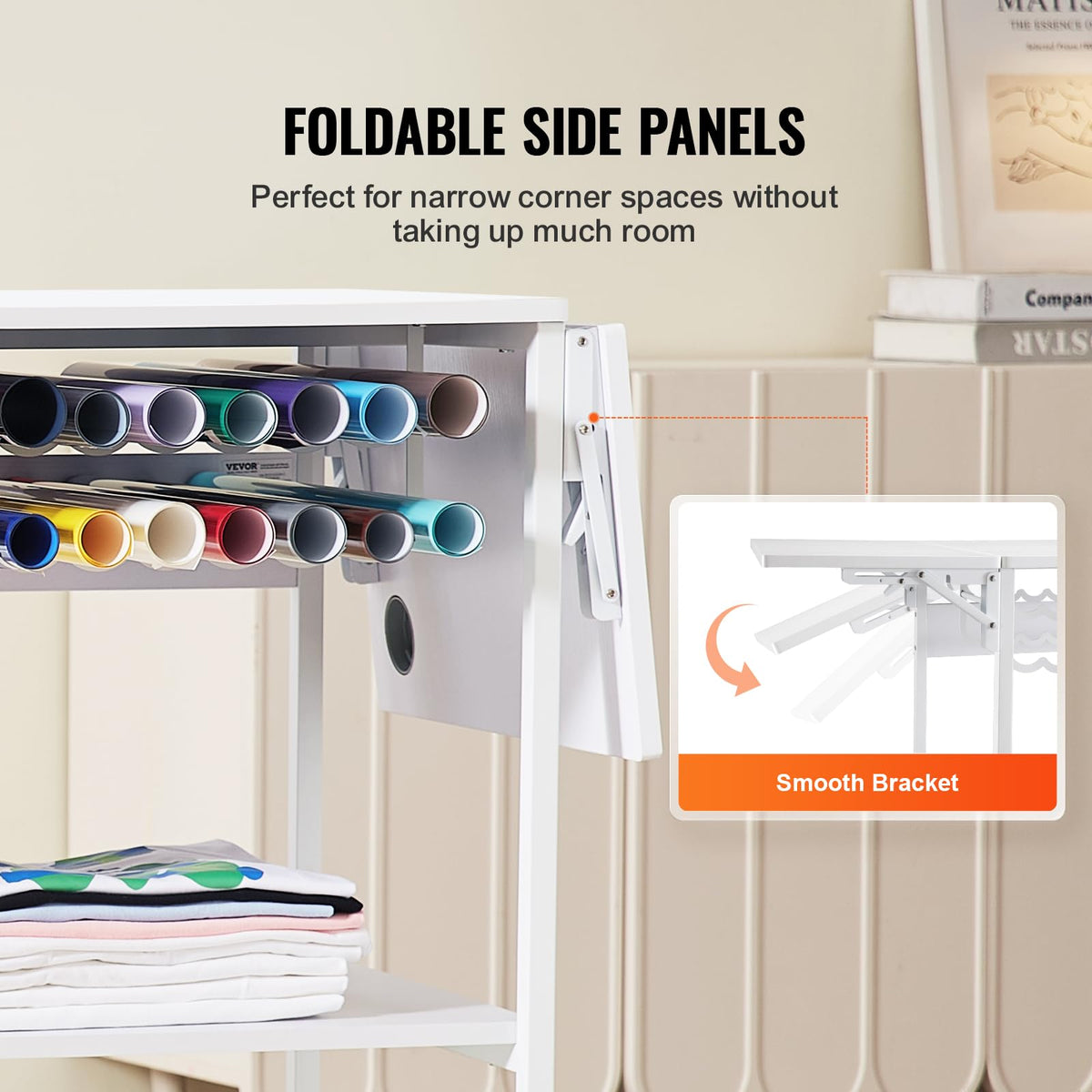 VEVOR 3 Tier Movable Heat Press Table, Foldable Heat Transfer Machine Stand with Vinyl Roll Holder, Heavy Duty Rolling Metal Workbench for DIY Sublimation Transfer Machine and Printer