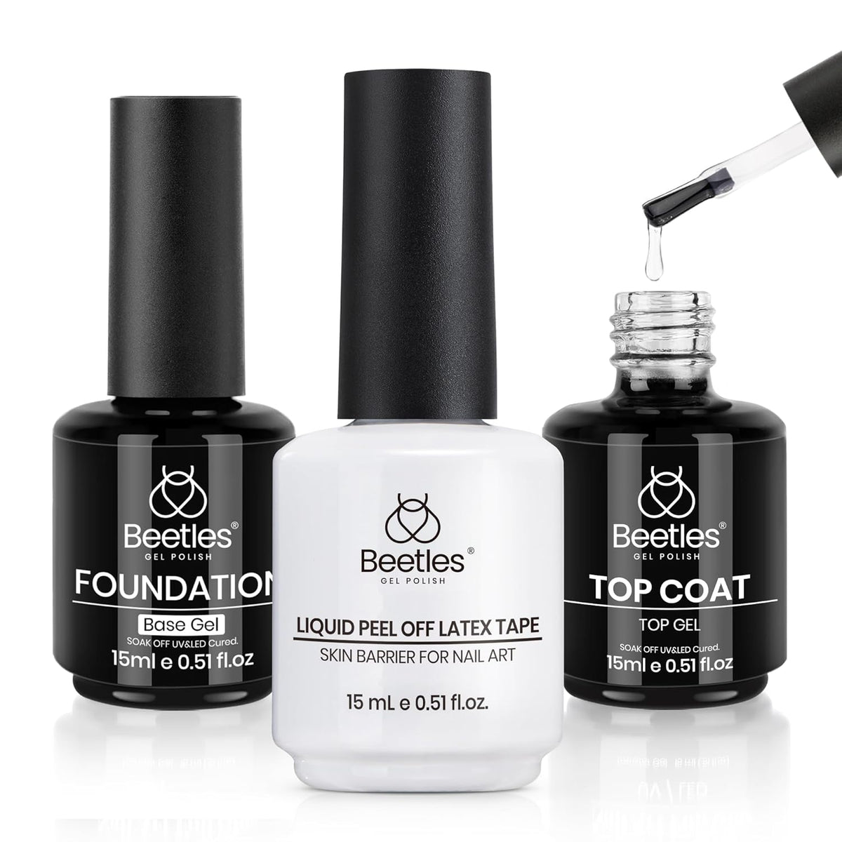 Beetles 3Pcs 15ml Gel Polish Top Coat Base Coat and Liquid Peel Off Latex Set No Wipe Base Top Coat Soak Off Uv LED Nail Lamp Finish Nails Cuticle Guard Nail Art Design Manicure Kit Nail Shine Gifts