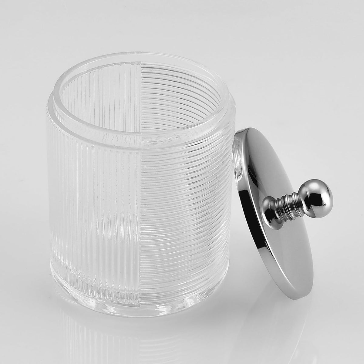 Glass Cotton Jar Holder Silver Lid, Elegant Bathroom Storage Canister for Qtips, Cotton Balls, Floss, Makeup Organizer, Vanity Bathroom Organization
