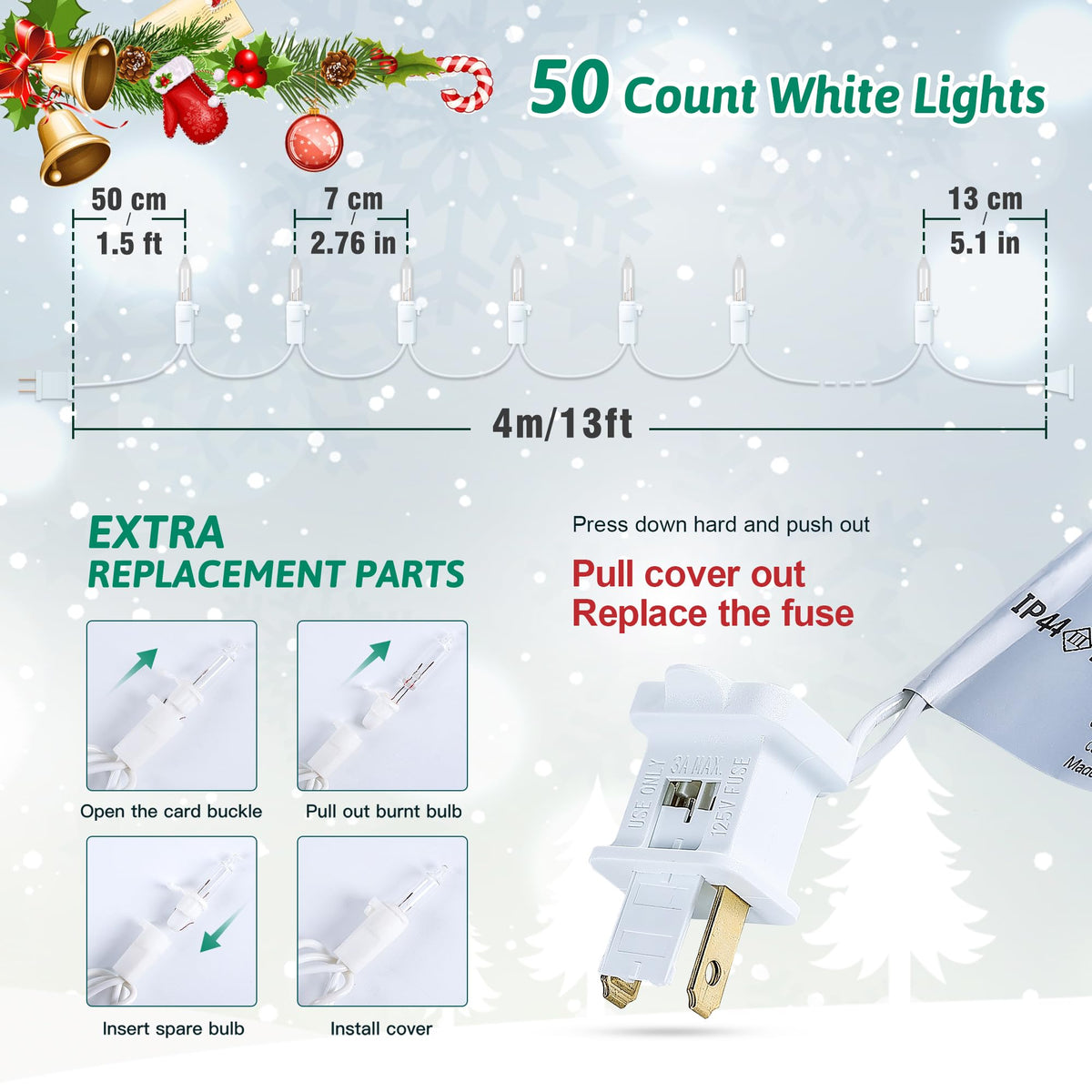 HEYFUNi Clear Christmas Lights Set,50 Count 13Feet Incandescent Bulb Mini String Lights for Christmas Tree Holiday Garland Party Weeding Xma Home Indoor&Outdoor Decorations,White Wire