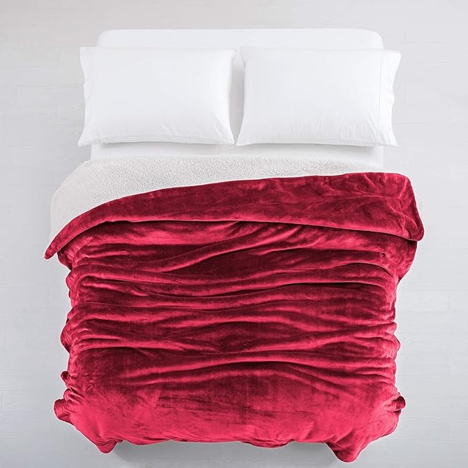 IR Imperial Rooms Sherpa Blankets Queen Size - Thick and Warm Blankets for Winter, Reversible Soft and Fuzzy Fluffy Queen Size Blanket for Bed, Burgundy, 90x90 Inches