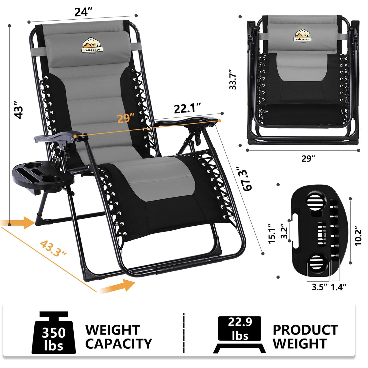 Colegence Oversized Padded Zero Gravity Lounge Chair, Foldable Patio Anti Gravity Reclining Chairs Folding Lawn Recliner with Cup Holder for Yard, Camping, Outdoor, Support 350 LBS, Black