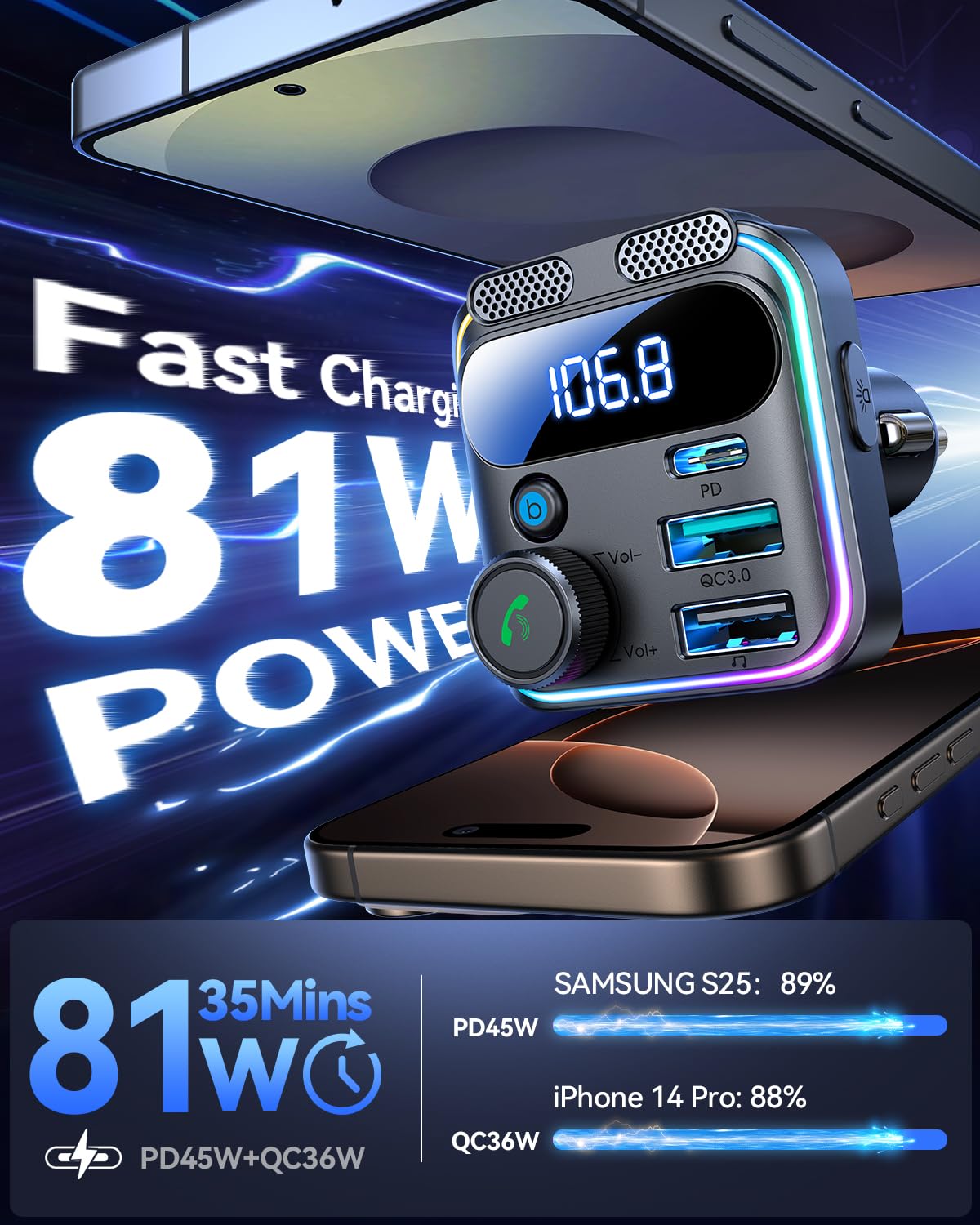 JOYROOM 81W Bluetooth 5.4 FM Transmitter Car Adapter PD & QC 3.0 USB C Car Charger Cigarette Lighter Adapter Hands-Free Calling Radio Support USB Drive [Stronger Dual Mics & HiFi Deep Bass Sound]