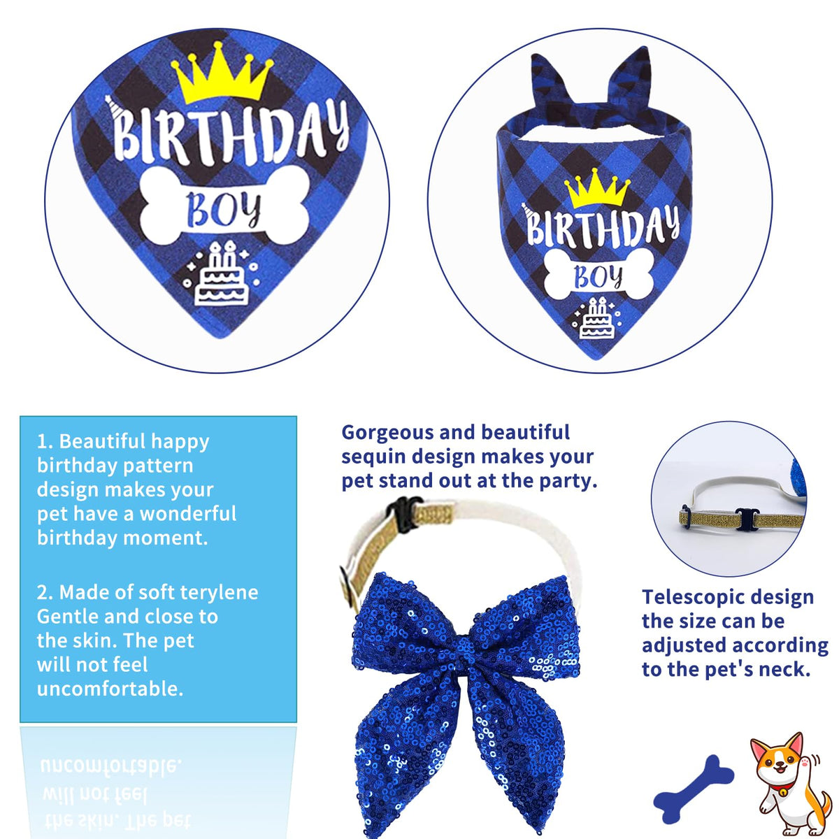 Blue Dog Birthday Party Supplies Pet Birthday Bandanas Boy Doggy Birthdays Hat Bow Tie Greeting Card Numbers It’s My Bday Mother Puppers Sign Banner for Medium Large Pets