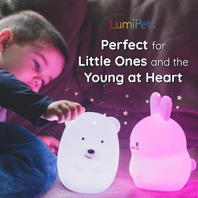 Lumipets Remote Control Silicone Night Light for Kids - Bunny Design with 9 Soft Colors & Sleep Timer - Rechargeable, Battery-Operated Lamp for Bedroom | Baby Nursery, Toddler, Girls, Boys