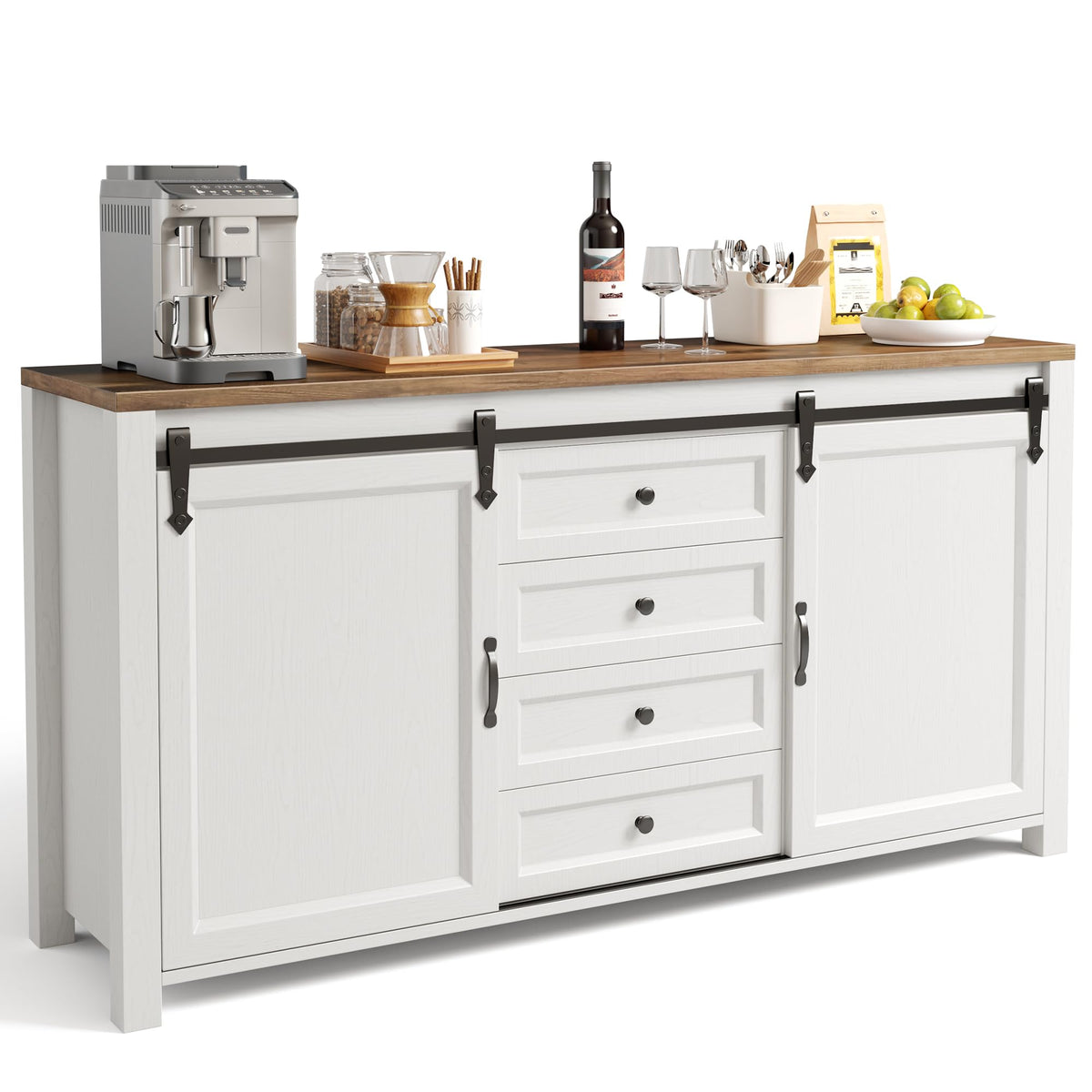 Gizoon Sideboard Buffet Cabinet with Storage, Large Kitchen Sideboard and Coffee Bar with Sliding Barn Doors and 4 Drawers, Kitchen Storage Island for Dining Room, Living Room, Retro