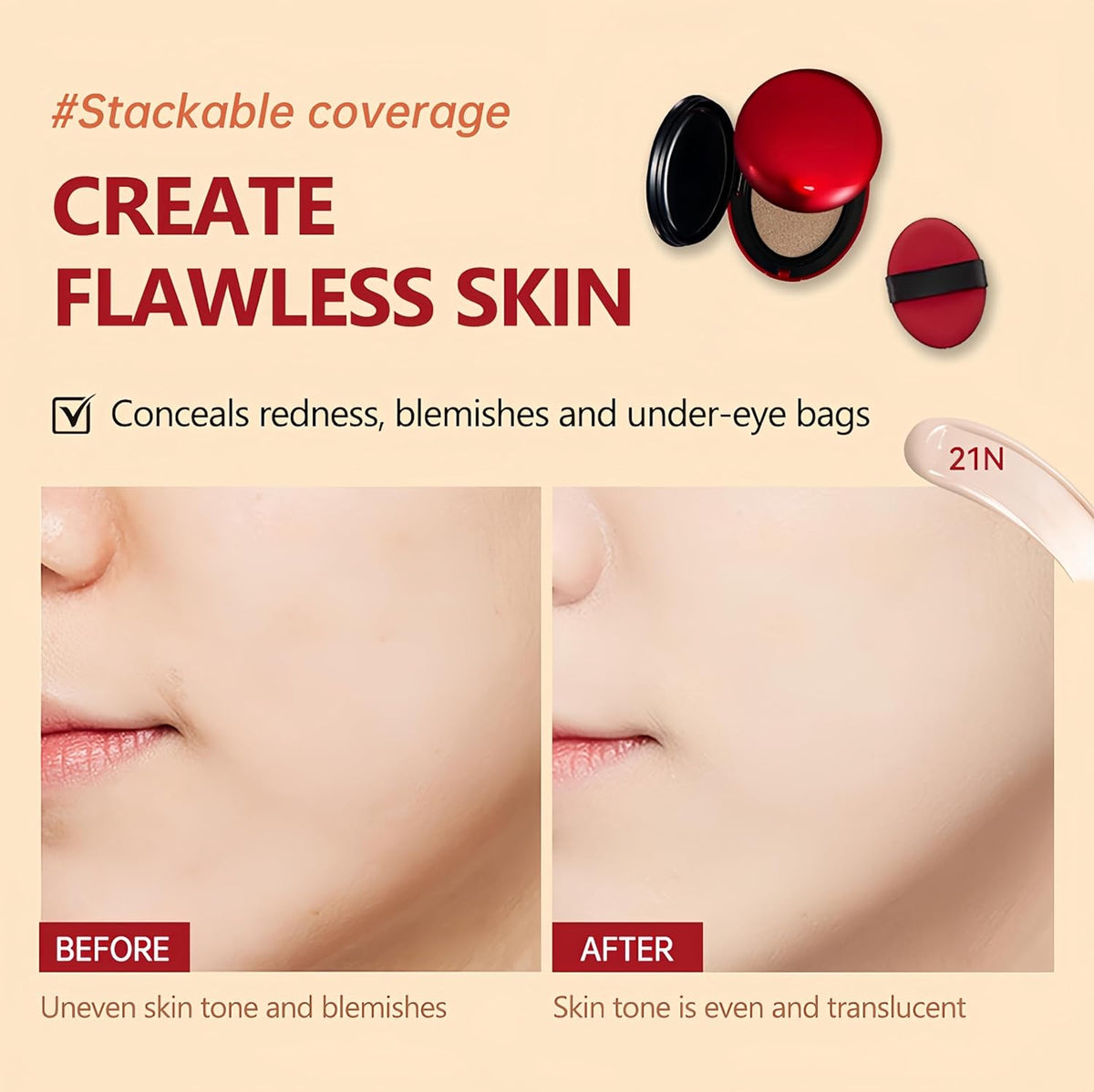 MAEPEOR Cushion Foundation 9 Colors Full Coverage Weightless Satin Glow Foundation Hydrating Long-Lasting Cushion BB Cream (Color 04)