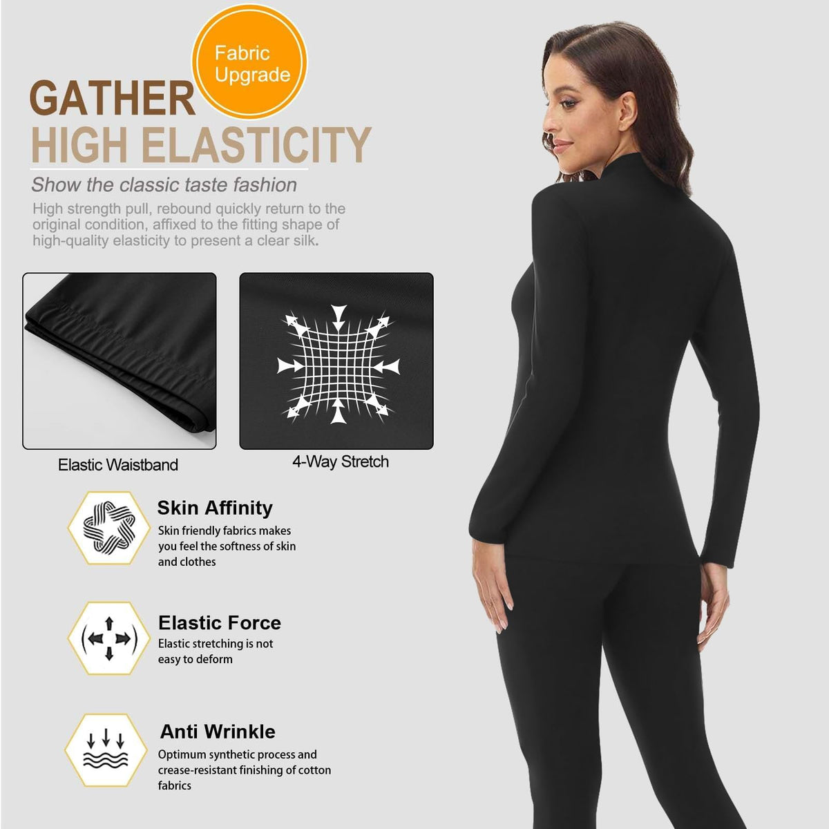 JOLLYBUYER Women's Mock Neck Thermal Underwear Winter Fleece Ultra-Soft Warm Base Layer Set Black