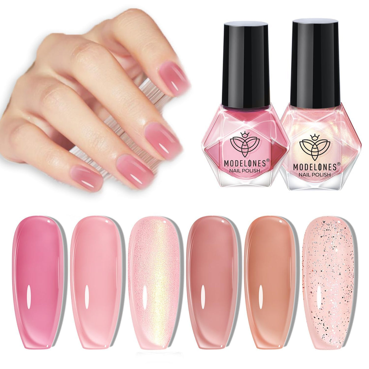 modelones Nail Polish Set, 6 Colors Jelly Nail Polish 2025 Spring Translucent Pink Red Nude Orange Glitter Quick Dry Nail Polish Kit Salon Home DIY Manicure Kit Mothers Day Gifts for Women