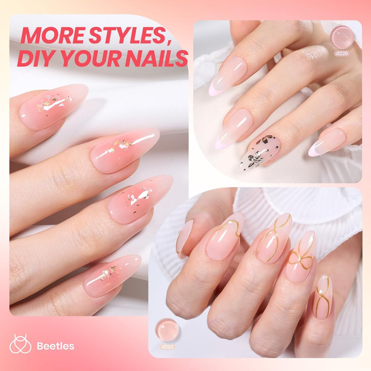 Beetles Jelly Gel Nail Polish Set, 6 Colors Jelly Nude Pink Gel Polish Kit Neutral Sheer Shimmer Glitter Translucent Effect Soak off Uv Nail Concealer DIY Manicure Spring Summer Gift for Women