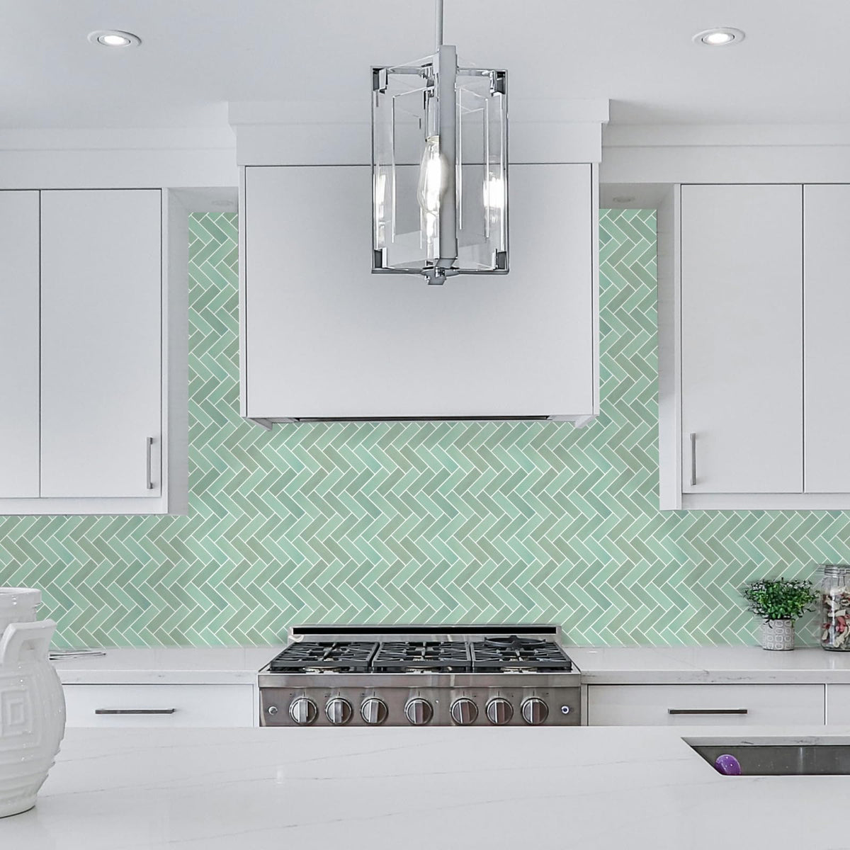 LUXDEKO 10-Sheet Herringbone Peel and Stick Backsplash, Sage Green Chevron Self Adhesive Glossy Tiles Renter Friendly Backsplash Stick on Wall Tile for Kitchen and Bathroom（12"x12"）