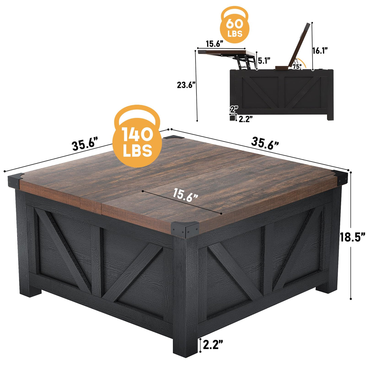 jimeimen Farmhouse Lift Top Coffee Table with Storage, Wood Square Center Table with Charging Station&USB Port, Living Room Table w/Large Hidden Space, for Living Room, Bedroom, Home Office, Black