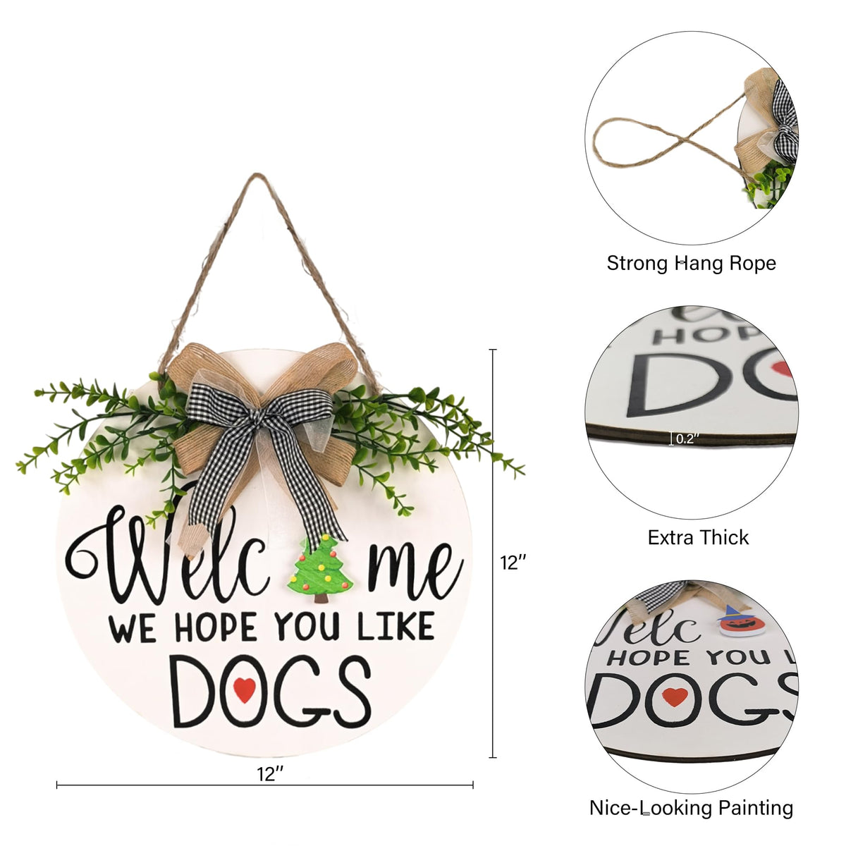 Interchangeable Welcome Wreath Sign for Front Porch Decor -Farmhouse Round Wood Wreaths Wall Hanging We Hope You Like Dogs Signs, Housewarming Gifts for All Seasons Halloween Christmas Home Decoration