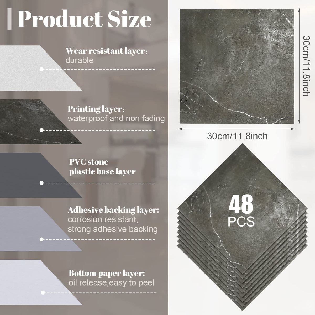 Spiareal 48 Pieces Peel and Stick Floor Tiles Vinyl Flooring 12 x 12 Inch Stick on Floor Tile Self Adhesive Waterproof DIY for Bathroom Kitchen Bedroom Living Room(Gray Marble)