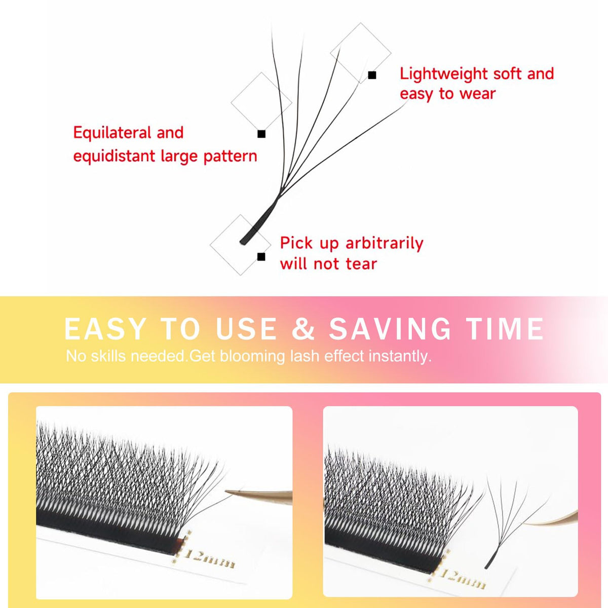 W Lash Extensions Supplies 5D Eyelash Extensions W Shape 0.07mm Thickness D Curl 11mm Premade Fans Easy Fan Lashes Volume Matte Black 12 Rows Crisscross Eye Lashes(W-5D-0.07-D,11mm)
