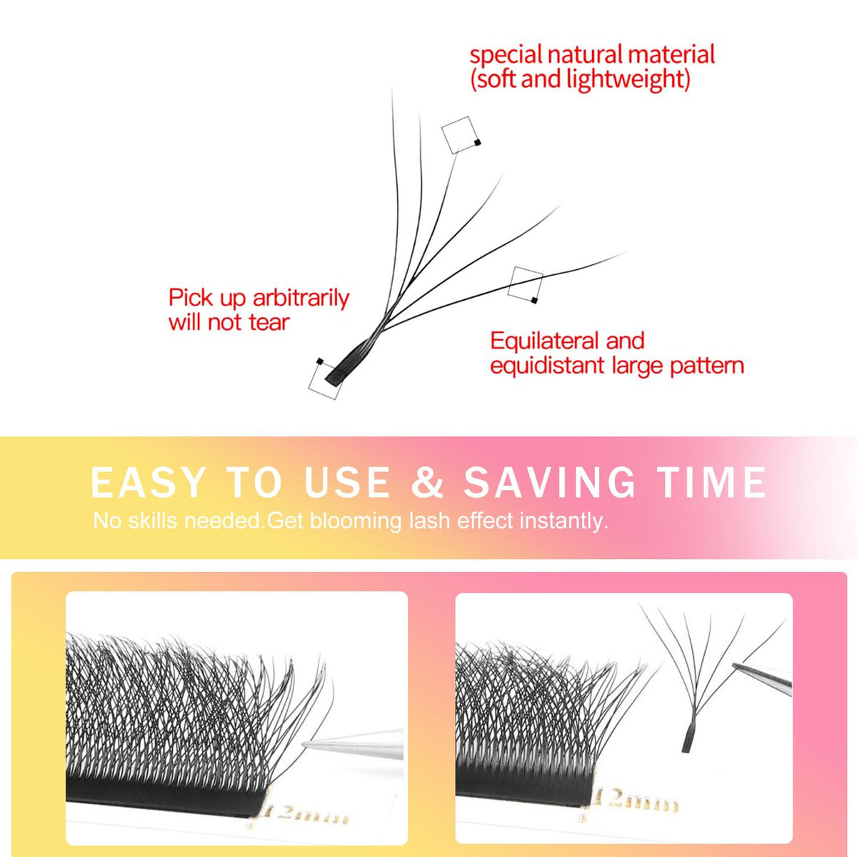 W Lash Extensions Supplies 6D Eyelash Extensions W Shape 0.07mm Thickness C Curl 9mm Premade Fans Easy Fan Lashes Volume Matte Black 12 Rows Crisscross Eye Lashes(W-6D-0.07-C,9mm)