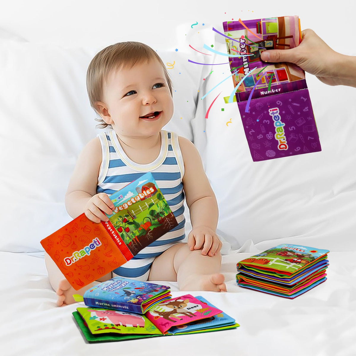 Dr.Rapeti Soft Cloth Books Baby Books Bath Books 6-Pack for Baby Infant Toddler Kids Crinkle Squeaky Washable Chewable Non-Toxic Early Educational Giftable