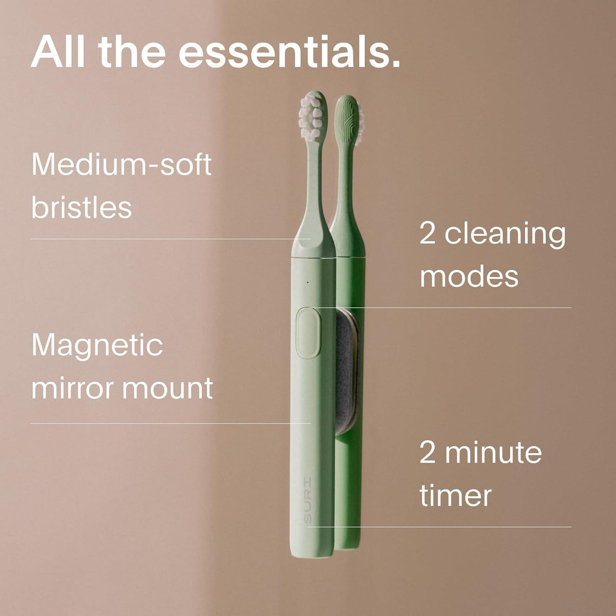 SURI 1.0 Sonic Electric Toothbrush with UV Cleaning Travel Case | 40+Day Battery | Designed in California | Electric Toothbrush for Adults | Travel Toothbrushes | Tooth Brush | Green