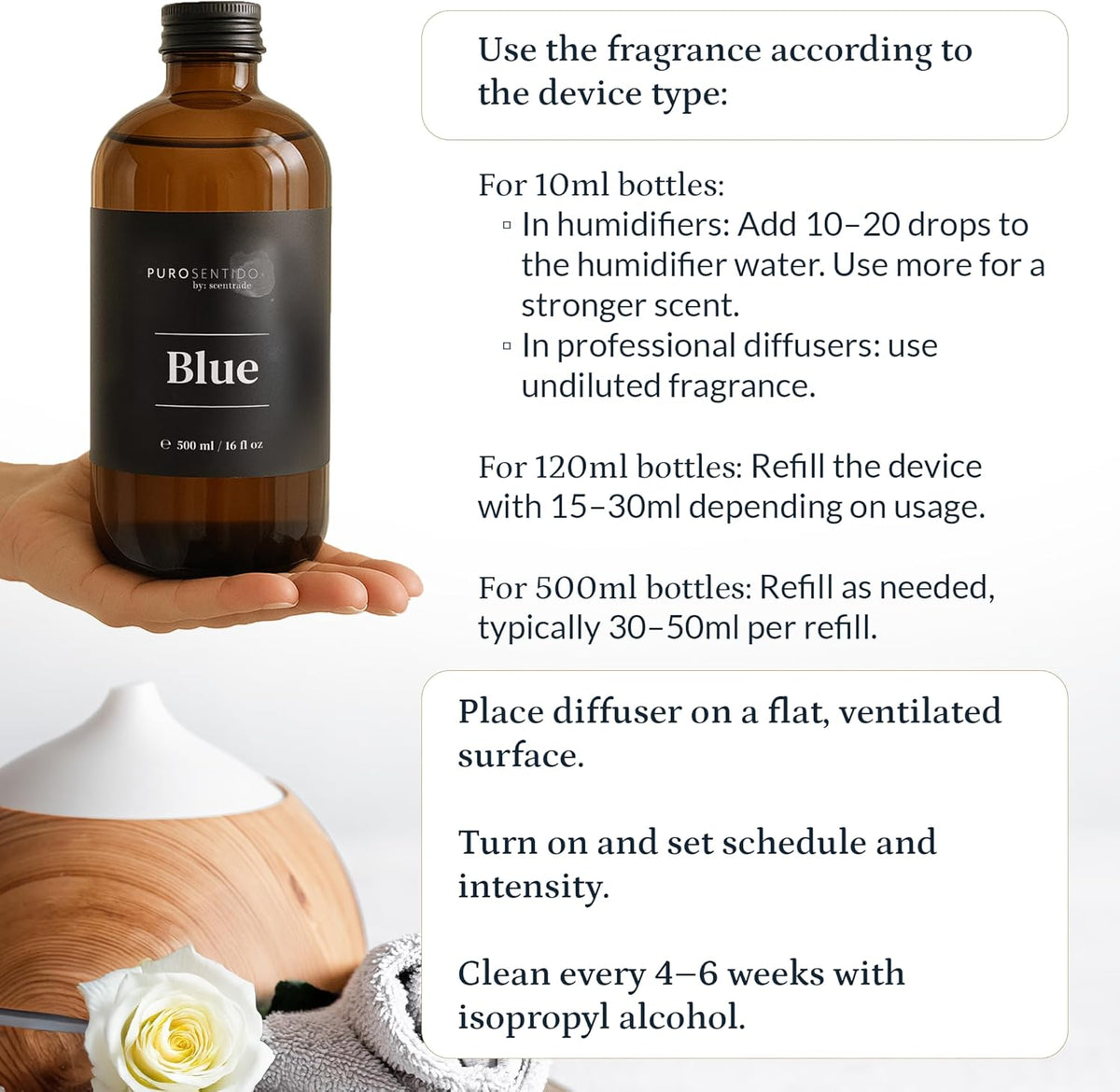PuroSentido Blue Aroma Oil (10 ml) - Luxury Essential & Fragrance Oil for Diffusers and Humidifiers, Apricot, Coconut Milk & Vanilla Home & Hotel Scent