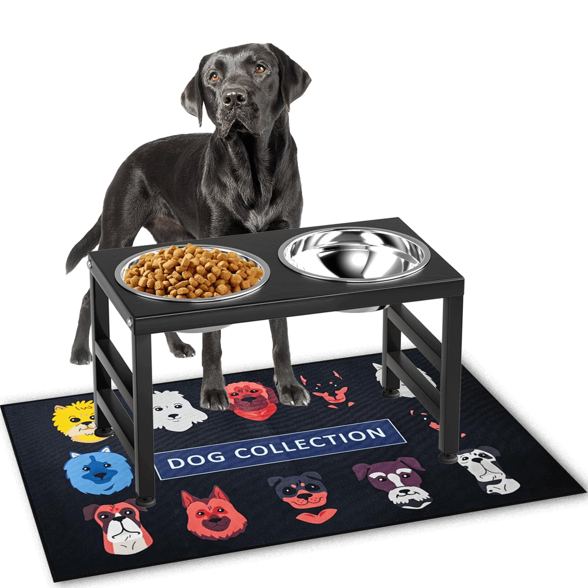 ADENGL Metal Raised Dog Bowl, 10" Tall Elevate Dog Feeder Stand with 2 Stainless Steel 42oz Bowls & 16x24 Non-Slip Mat – Stronger Dogs Food & Water Bowl Stand (Black)