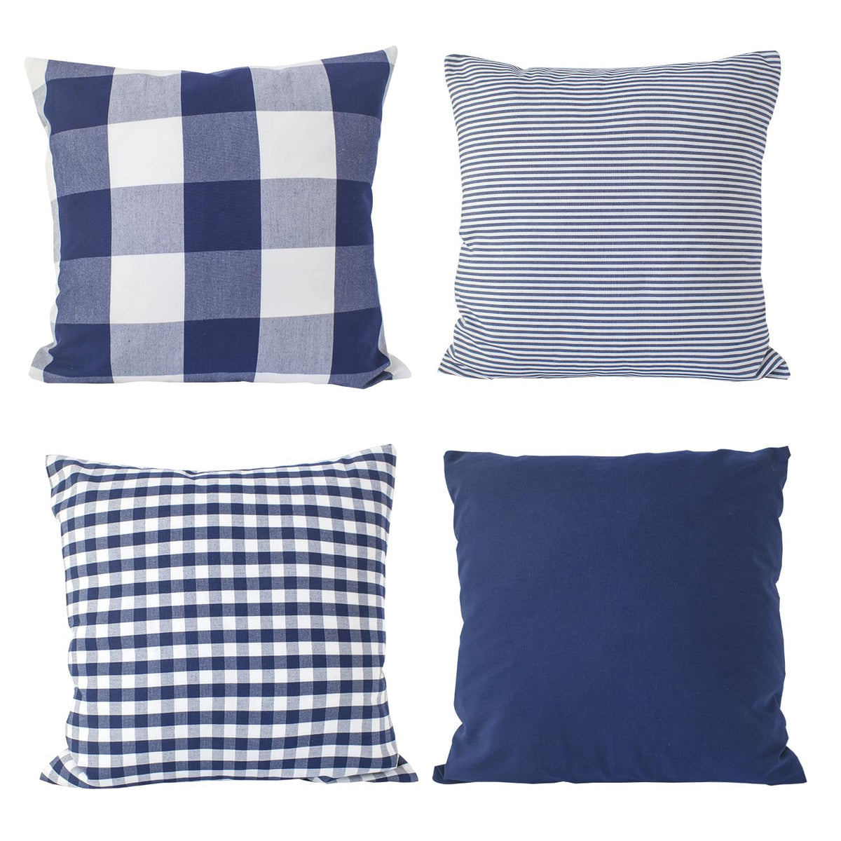 HOPLEE Navy Blue Decorative Pillow Cover 16x16 Pillow Cover with Buffalo Plaid, Solid Navy Blue, Tricking Stripe and Gingham Plaid Design 16x16 Inches Set of 4
