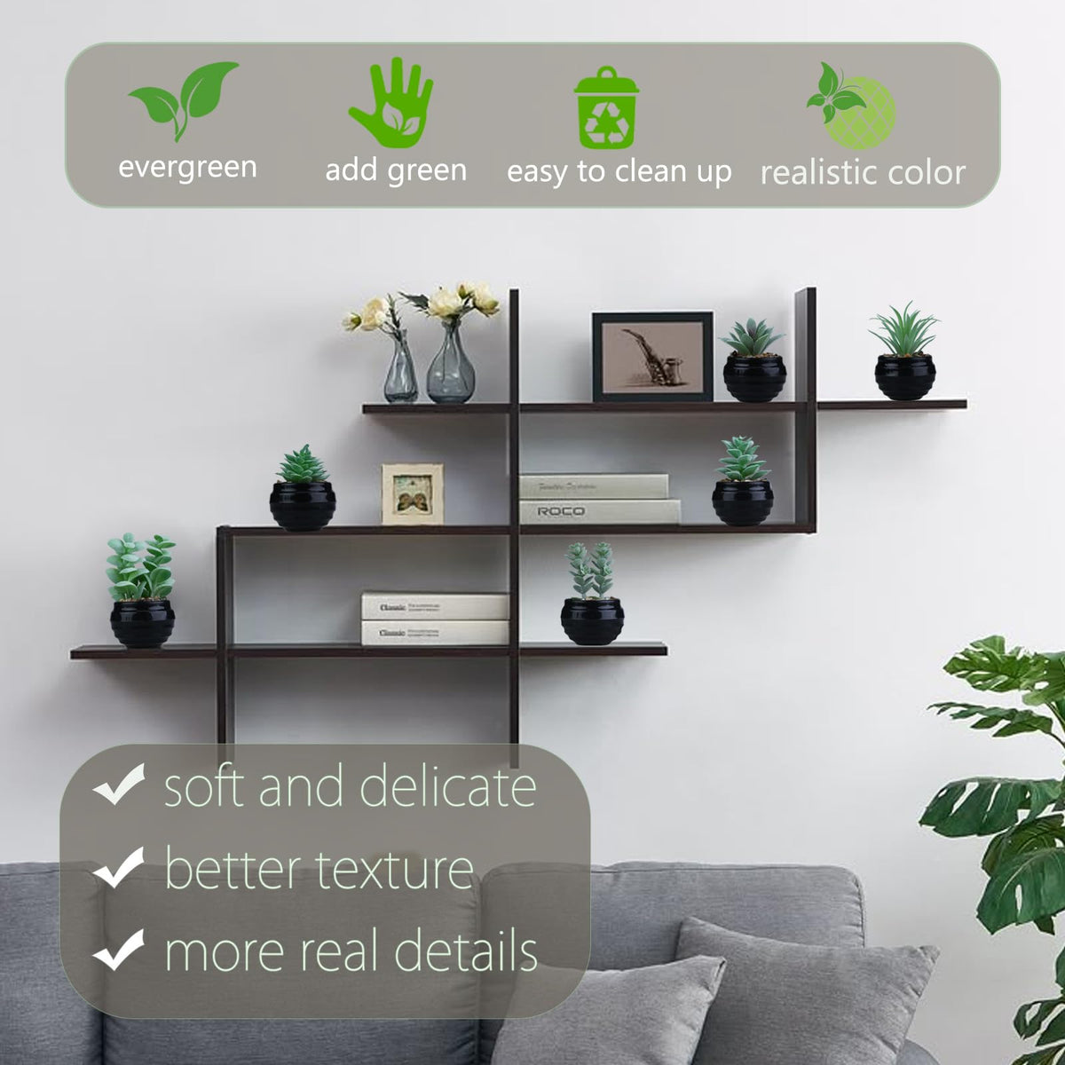 GREENTIME 6 Pcs Fake Succulent Plants Potted Set Artificial Mini Green Succulents in Black Pot as Party Gift Faux Plants Indoor for Home Office Desk Bathroom Bedroom Living Room Table Shelf Decoration