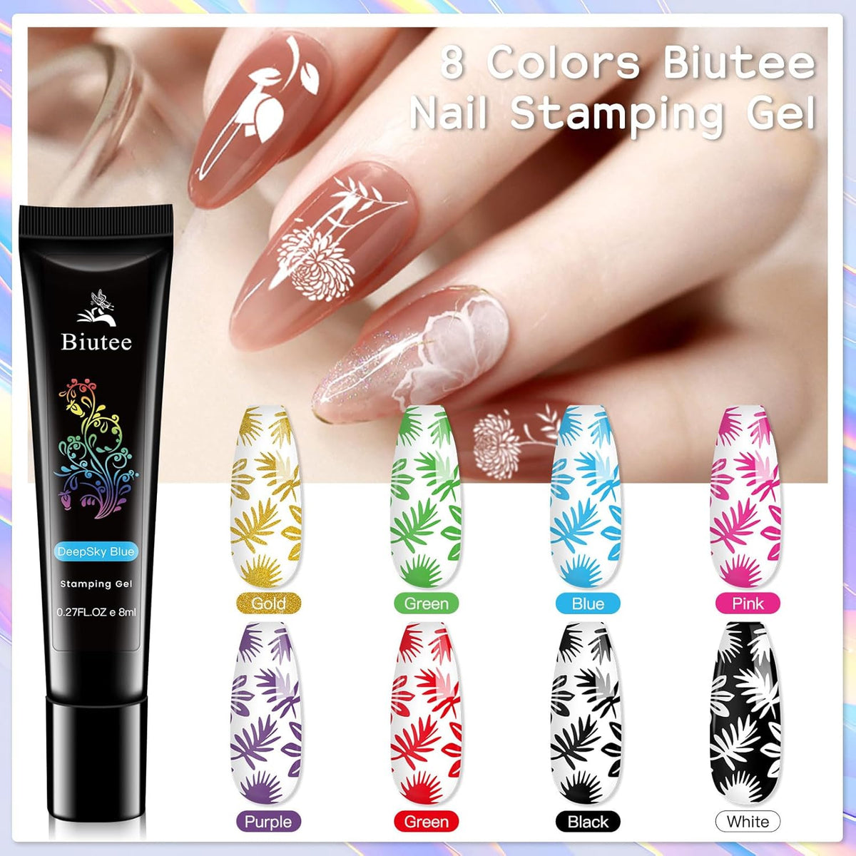 Biutee Nail Stamping Kit 12Pcs Nail Art Stamp Plates 8 Colors Stamping Polish Gel Silicone Stamper Scraper with Storage Bag, Nail Stamping Plate Lace Star Rose Plaid Template Halloween Design Gift