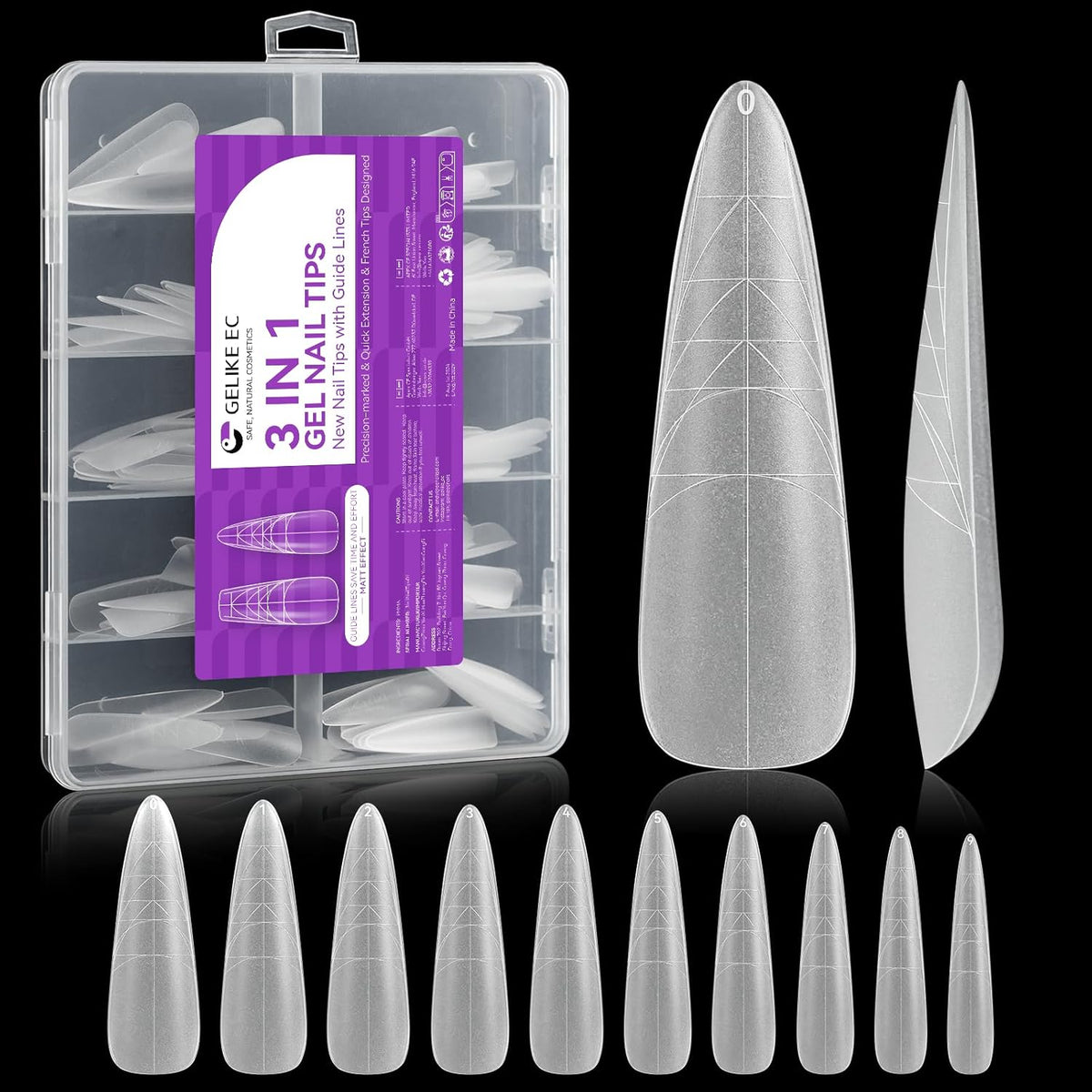 XXL Almond Gel Nail tips: 3 in 1 Gelike ec French Full Matte Guiding Line Nail Tips, Extra Long Gel Nails with Auxiliary Positioning Line, Nail Extension Tips for Beginners 84 Pcs 10 Sizes