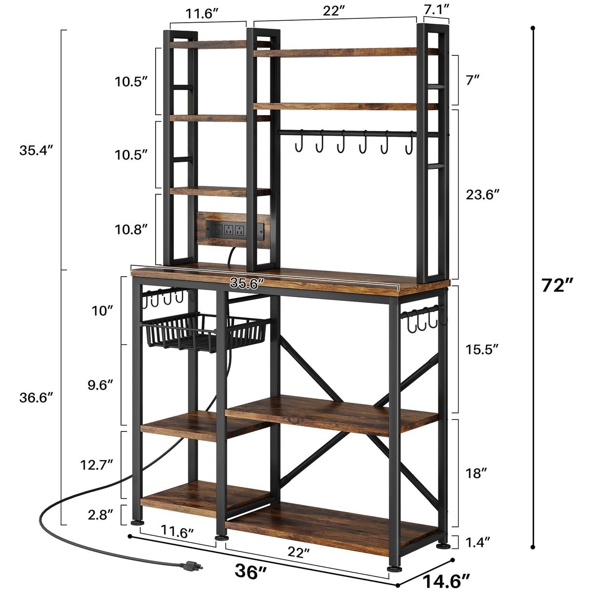 Baker Rack with Power Outlet - Microwave Stand with Storage, Large Coffee Bar Station with 14 Hooks, Metal Kitchen Shelf Rack for Spices, Pots (Rustic Brown)