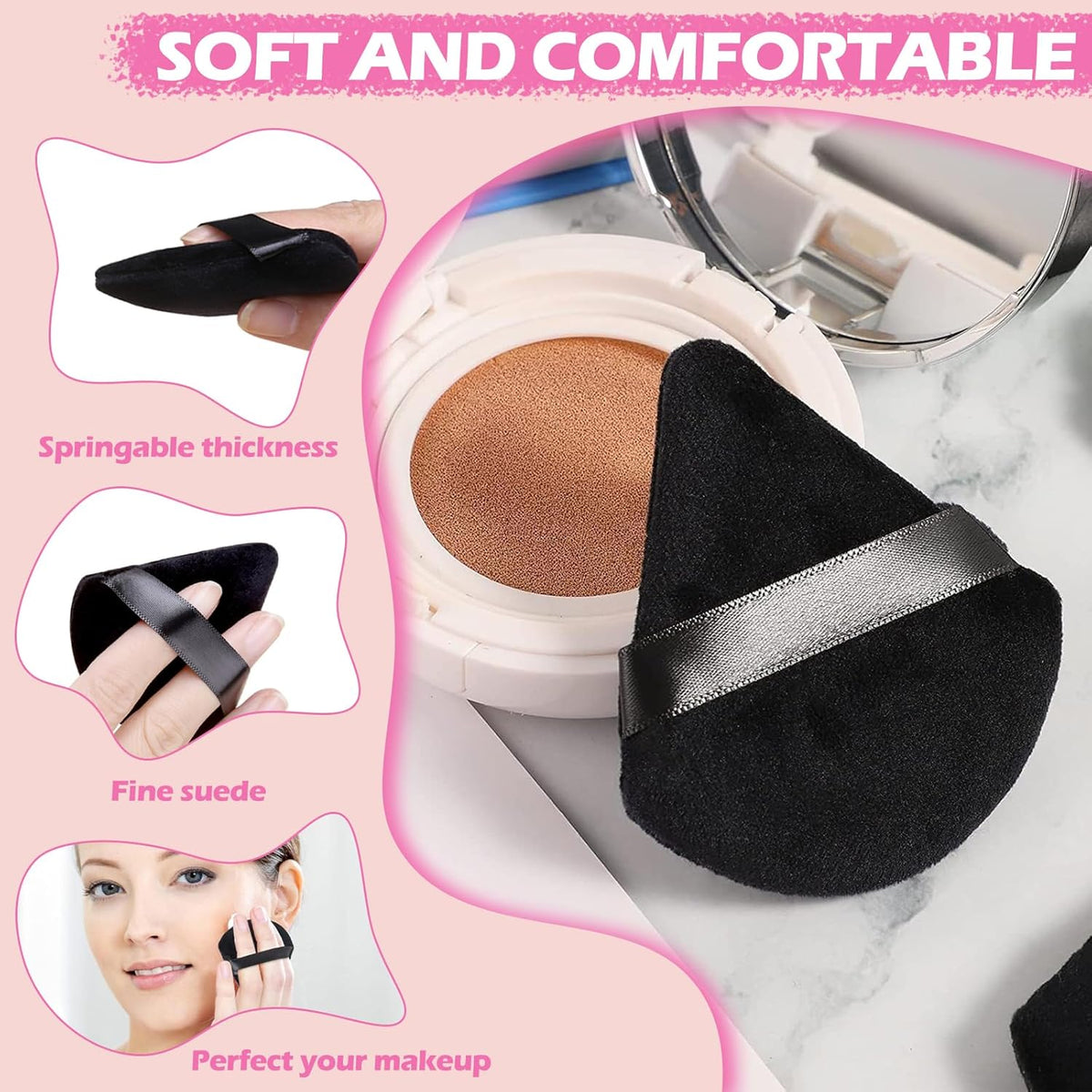 6 Pieces Powder Puff Face Triangle Powder Puff Soft Velour Makeup Puff Velour Puffs for Face Wet and Dry Cosmetic Foundation,Body Powder Blender Loose Mineral Powder Makeup Tool (Black, 6 Pcs)
