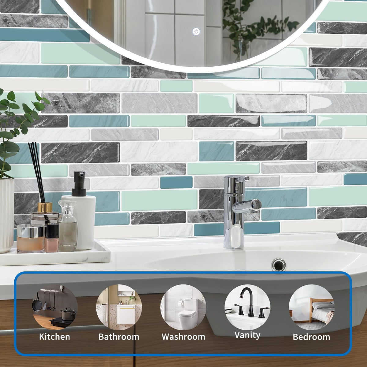 MOONFUN 10 Sheet Peel and Stick Backsplash Tiles, 12 X 12 Inch Blue Green Self Adhesive Tile Sticker for Backsplash Kitchen,Bathroom
