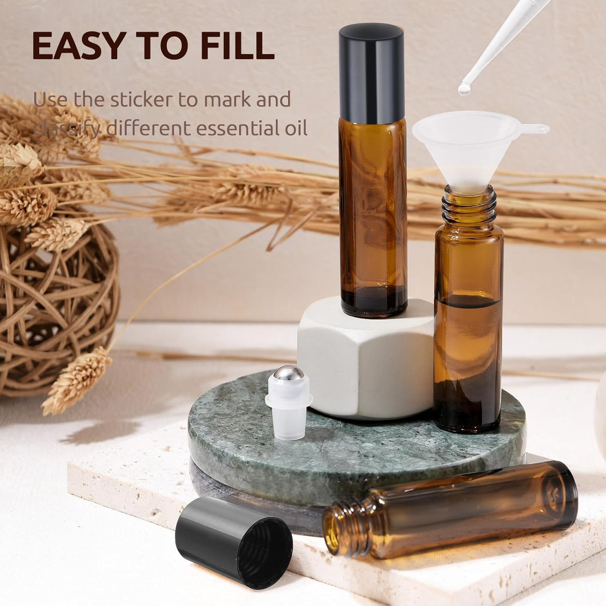 8P Essential Oil Roller Bottles, 10ml Glass Roll on Bottles with Stainless Steel Roller Ball, Opener, Pipettes, Funnel, Stickers, Refillable Container for Perfume (4 Amber & 4 Blue)