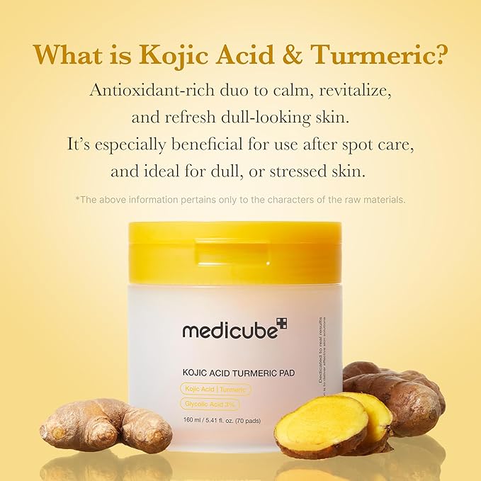 medicube Day & Night Kojic Acid Duo: Kojic Acid Turmeric Brightening Gold Jelly Gel Mask and Kojic Acid Turmeric Clarifying Toner Pad