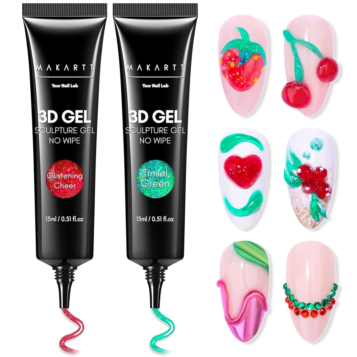Makartt 3D Sculpting Gel for Nail Art Kit: 3D Nail Gel for Nail Art, 15ml No Wipe Polish for Molding Drawing, Embossed Gels for Nail DIY Manicure - Glistening Cheer & Tinsel Green (2PCS)