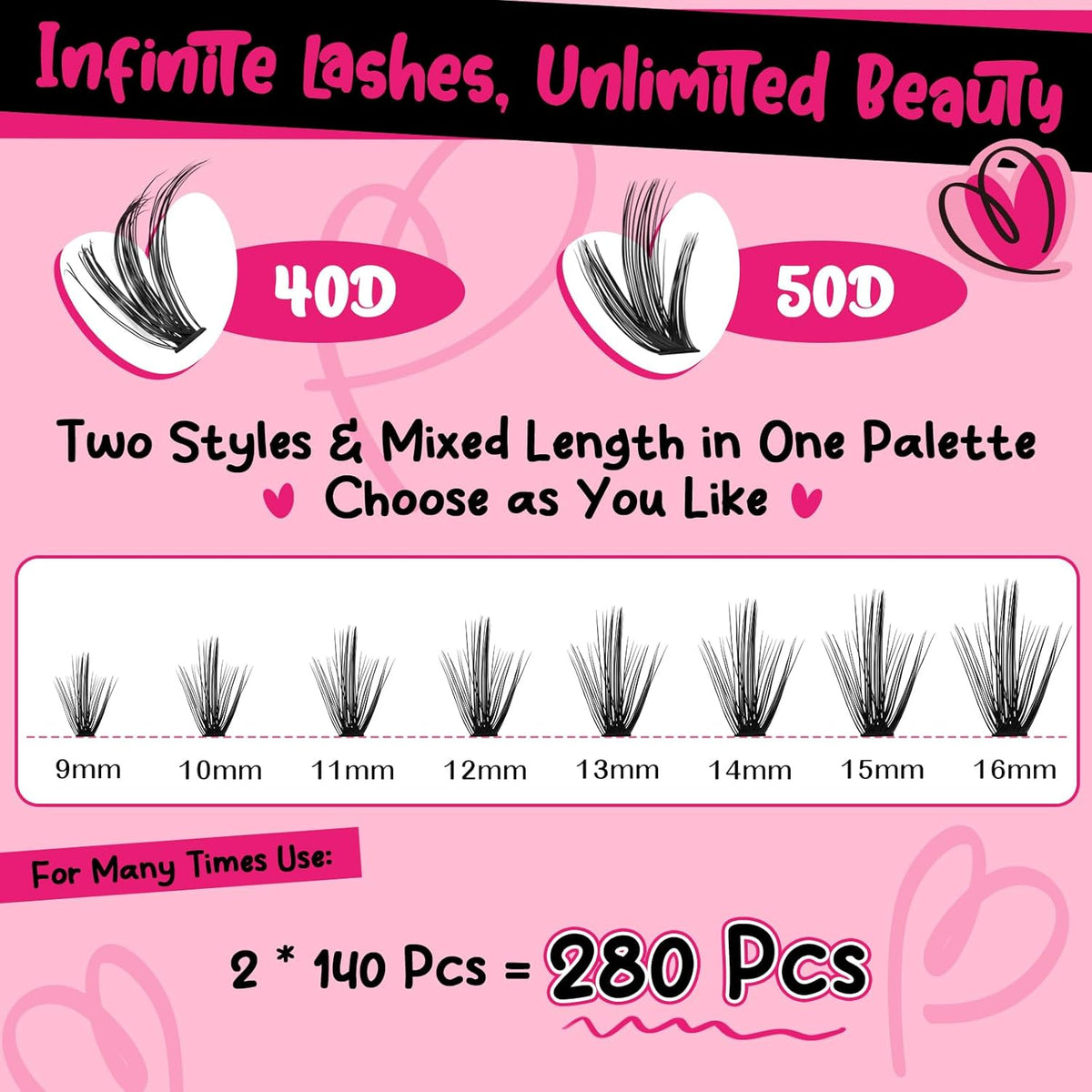 Lash Clusters Kit 280pcs Lash Clusters D Curl Eyelash Extension Kit Individual Lashes with Lash Bond and Seal Lash Remover Lash Applicator Easy to Apply at Home(40D+50D-9-16mix Kit)