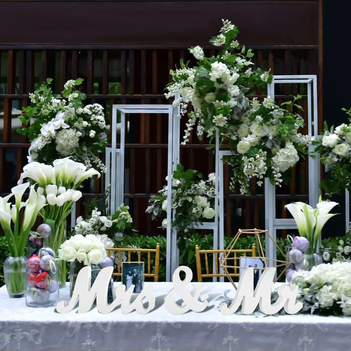 Large White Wooden Mr & Mrs Sign with Just Married Banner White Sweetheart Table Decorations & Photo Props for Anniversary Parties