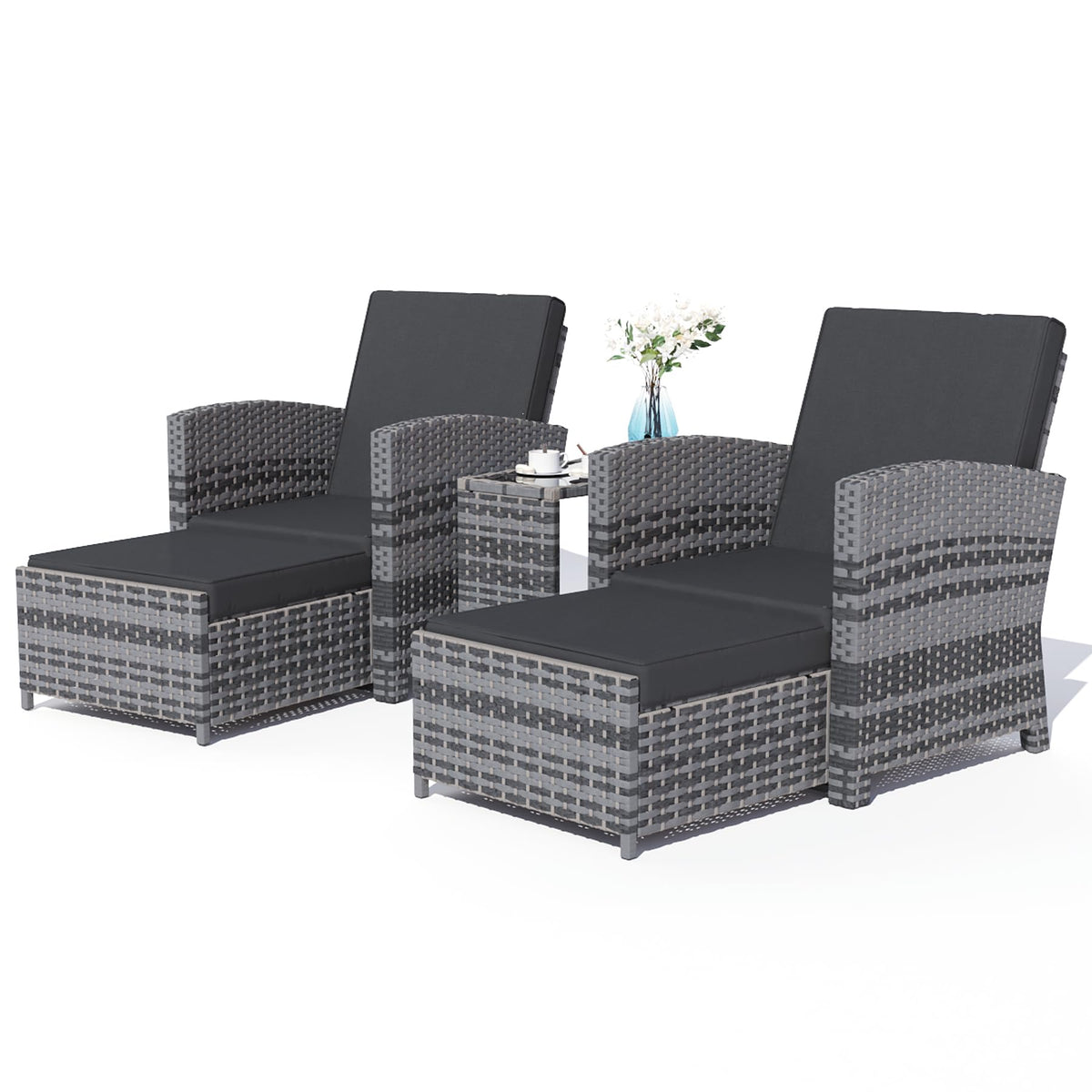 CIRMUBUY 5 Piece Outdoor Patio Furniture Set, Wicker Patio Conversation Set, Outdoor Lounge Chair with Ottomans and Coffee Table for Balcony Lawn Garden (Grey)